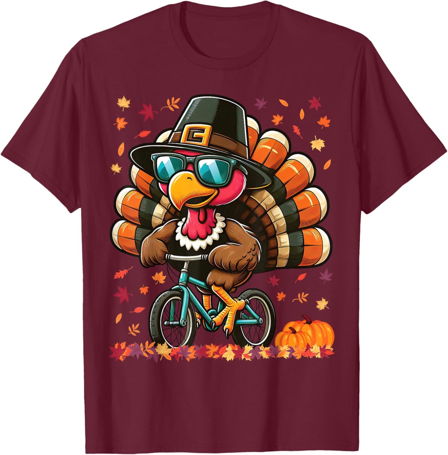 Funny Thanksgiving Turkey with Pilgrim Hat Riding Bicycle T-Shirt - T-Shirt | Maroon