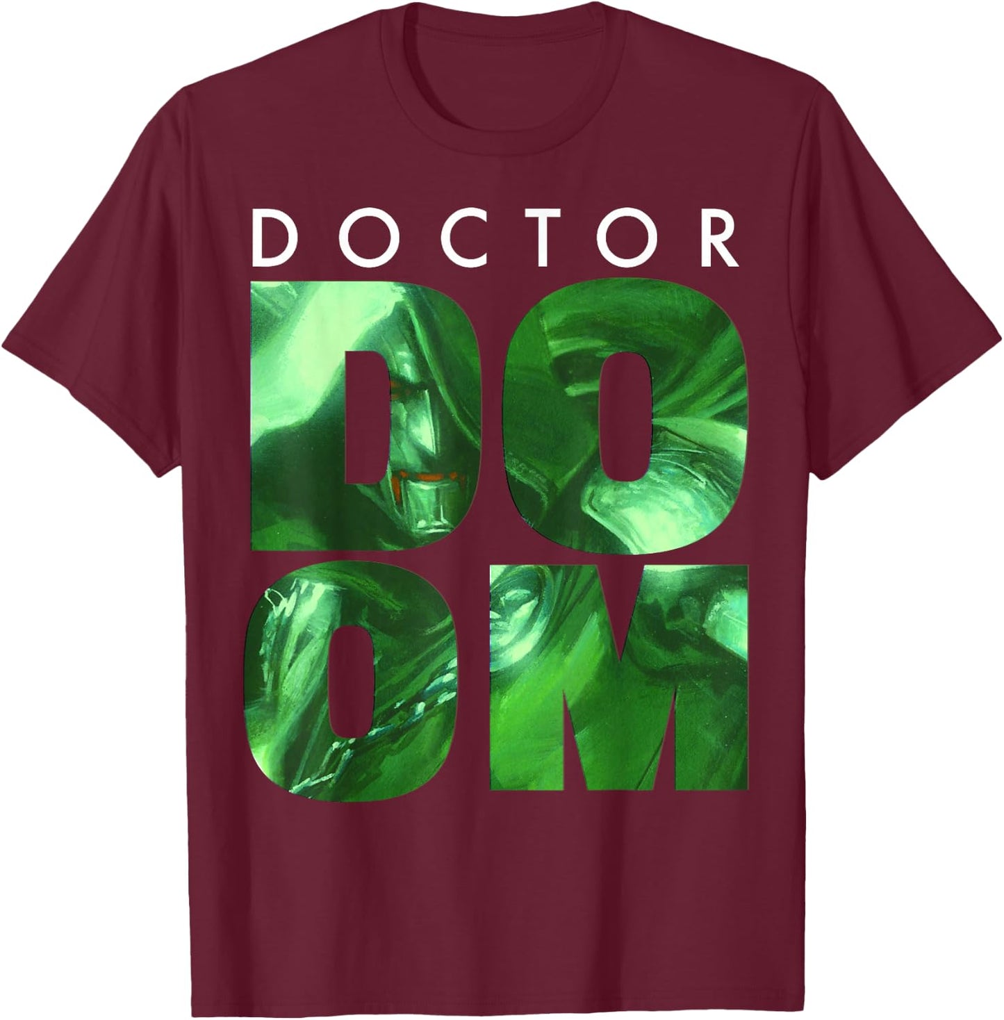 Marvel Doctor Doom Large Stacked Portrait Fill Text T-Shirt - T-Shirt | Maroon