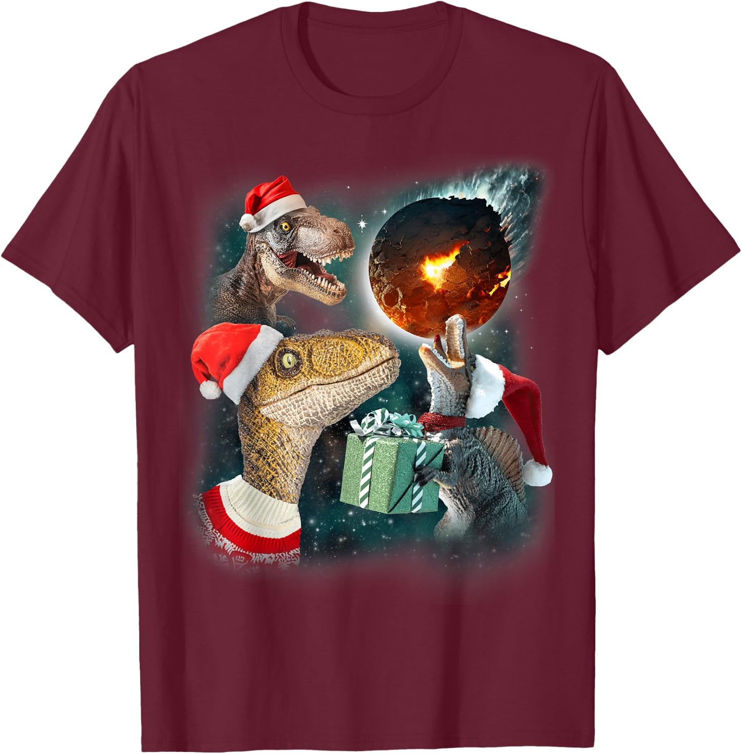 Three Rex Moon | 3 Dinos Howling Weird Cursed Christmas Meme T-Shirt - T-Shirt | Maroon