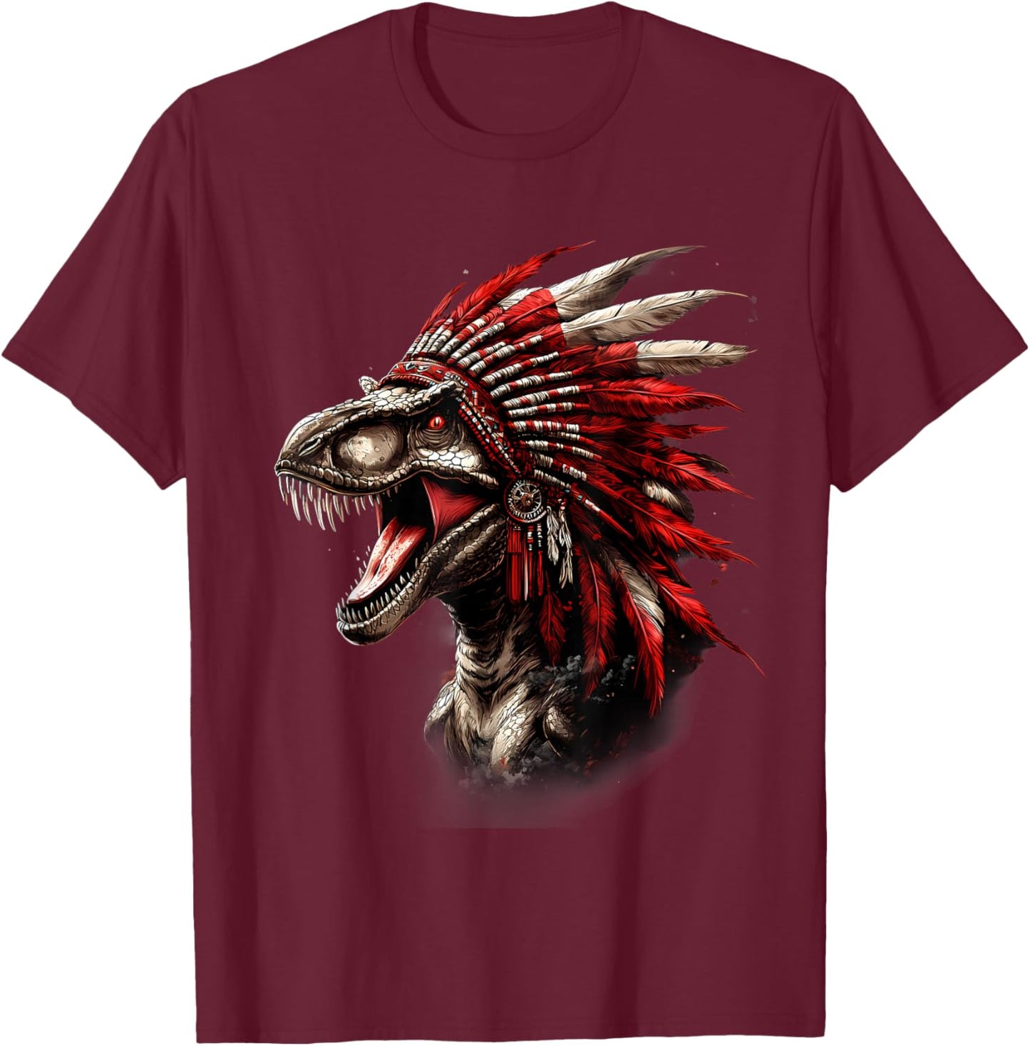 Native American Feather Headdress Dino T-Rex Artwork T-Shirt - T-Shirt | Maroon