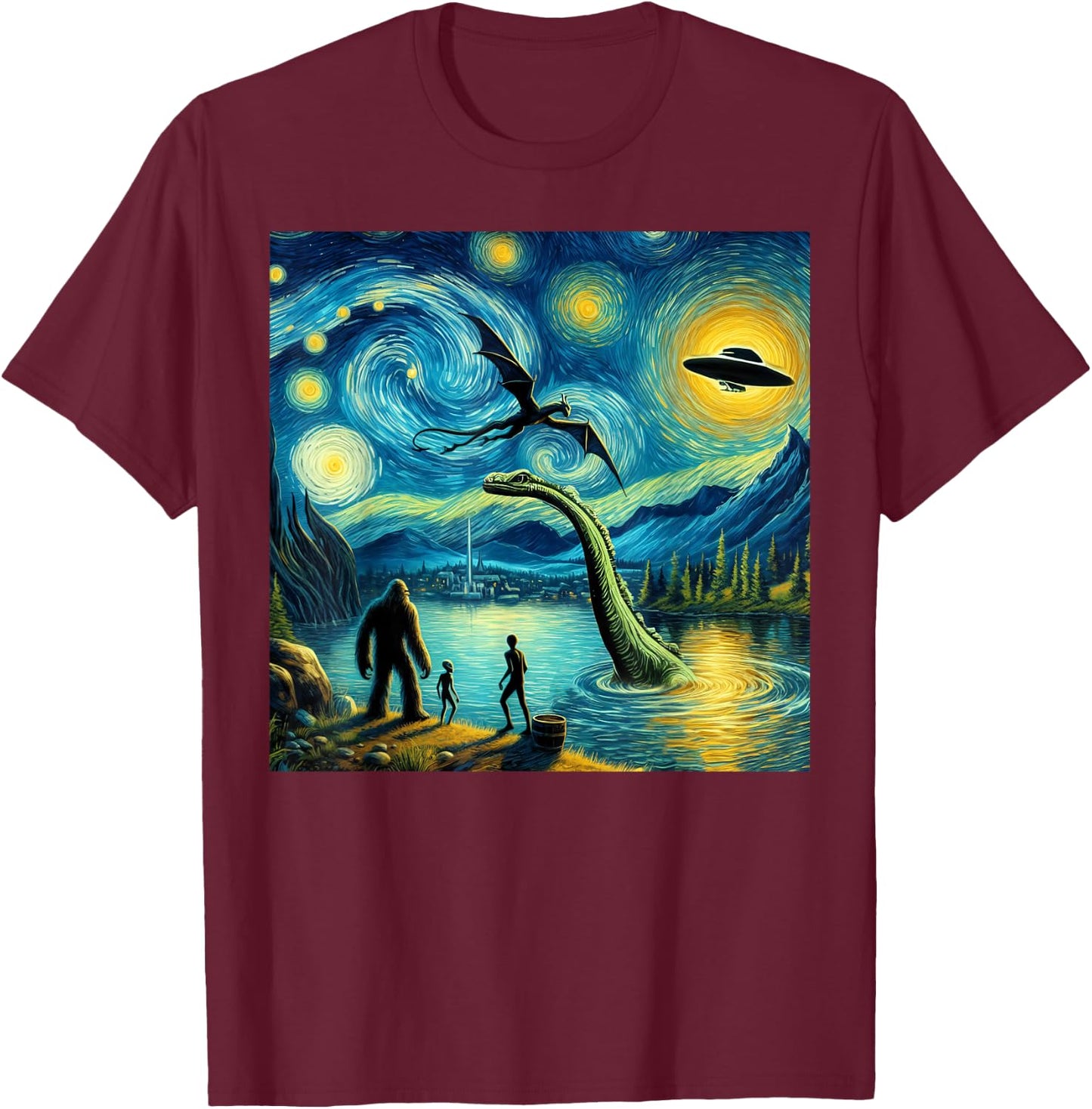 bigfoot starry night loch Ness alien UFO dragon cute lake T-Shirt - T-Shirt | Maroon