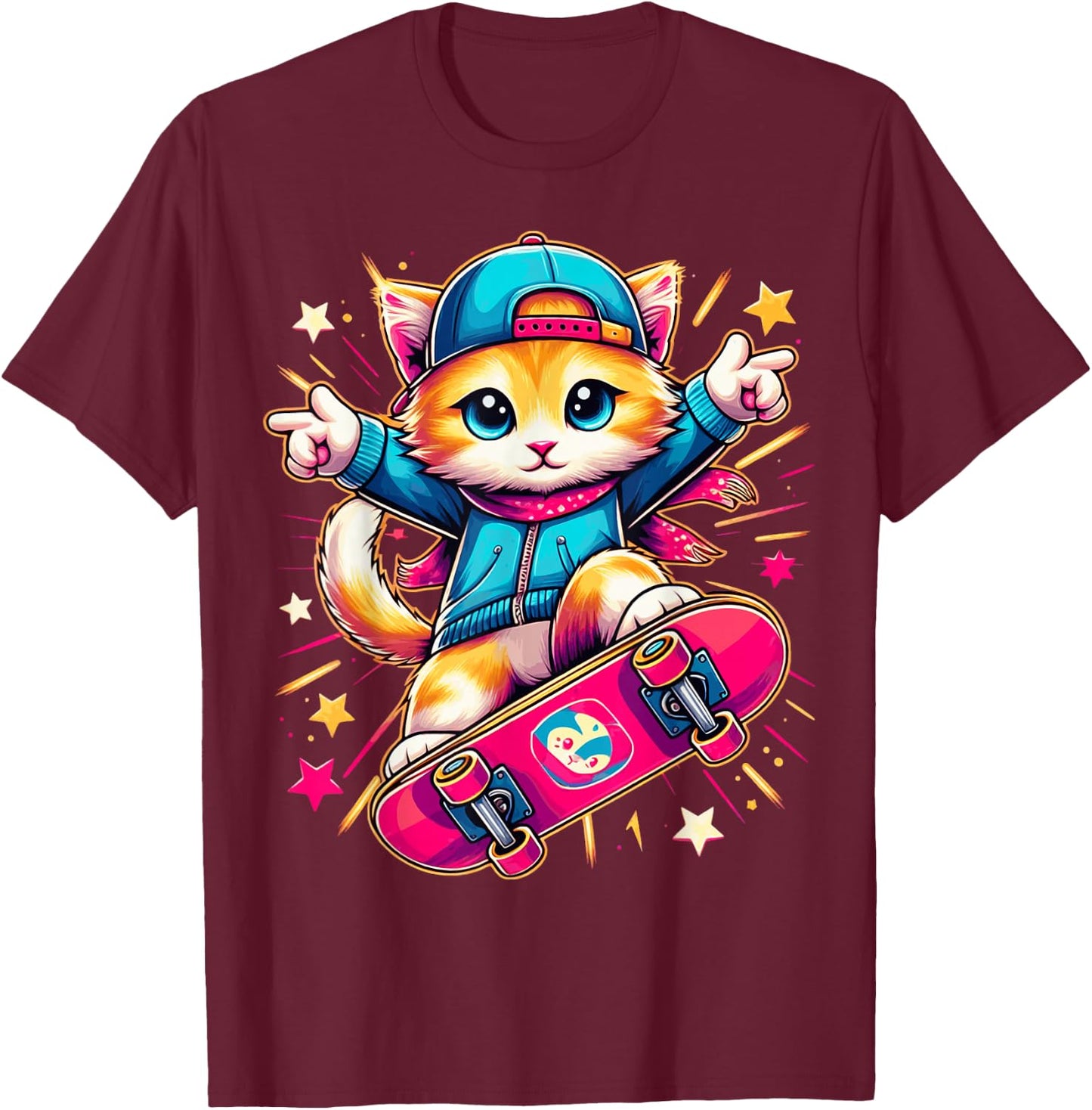 Skate Kitten Cute Adorable Cat Skating Fun Skateboard Tricks T-Shirt - T-Shirt | Maroon