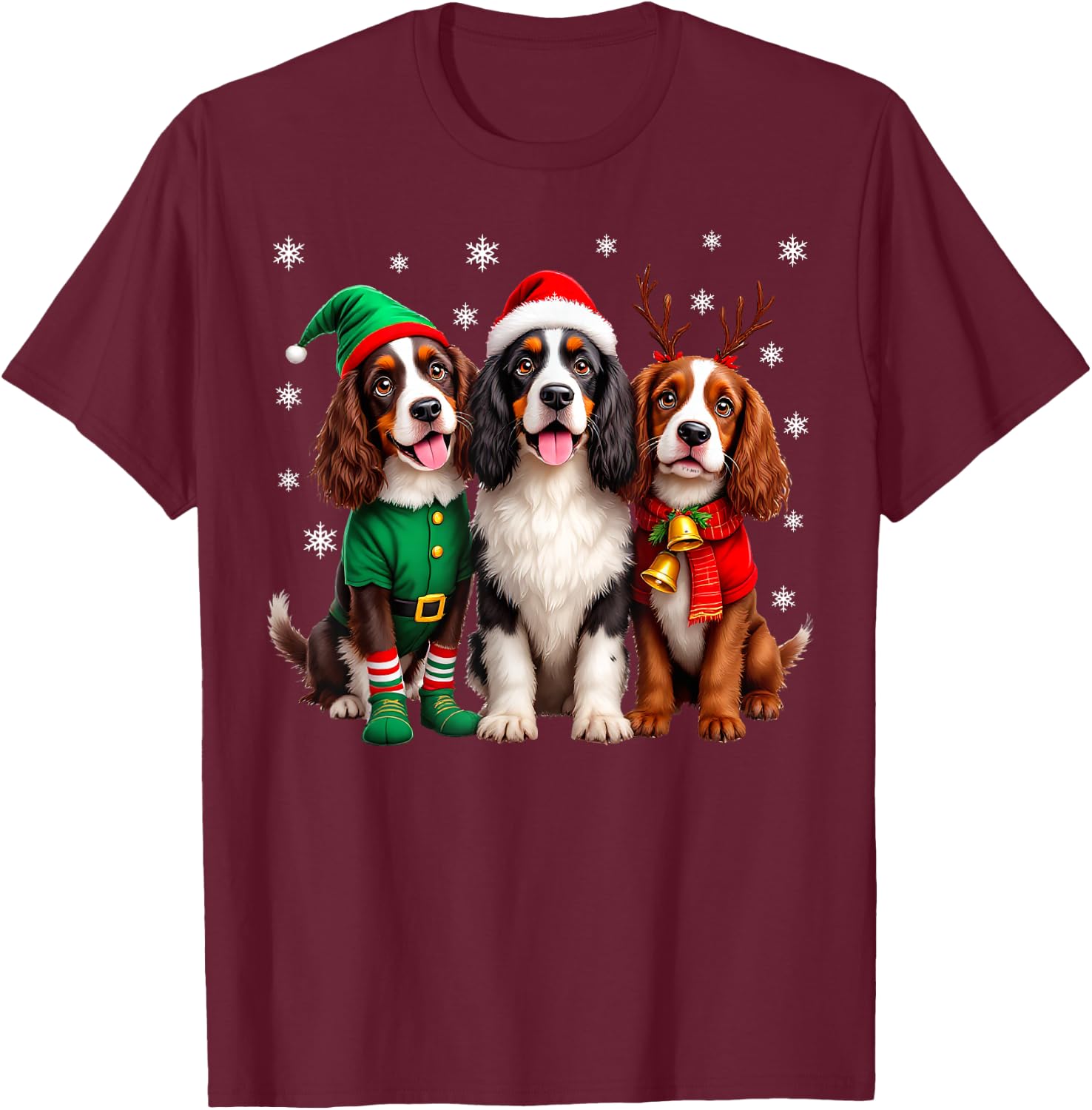 English Springer Spaniel Christmas Dogs Santa Reindeer Elf T-Shirt - T-Shirt | Maroon