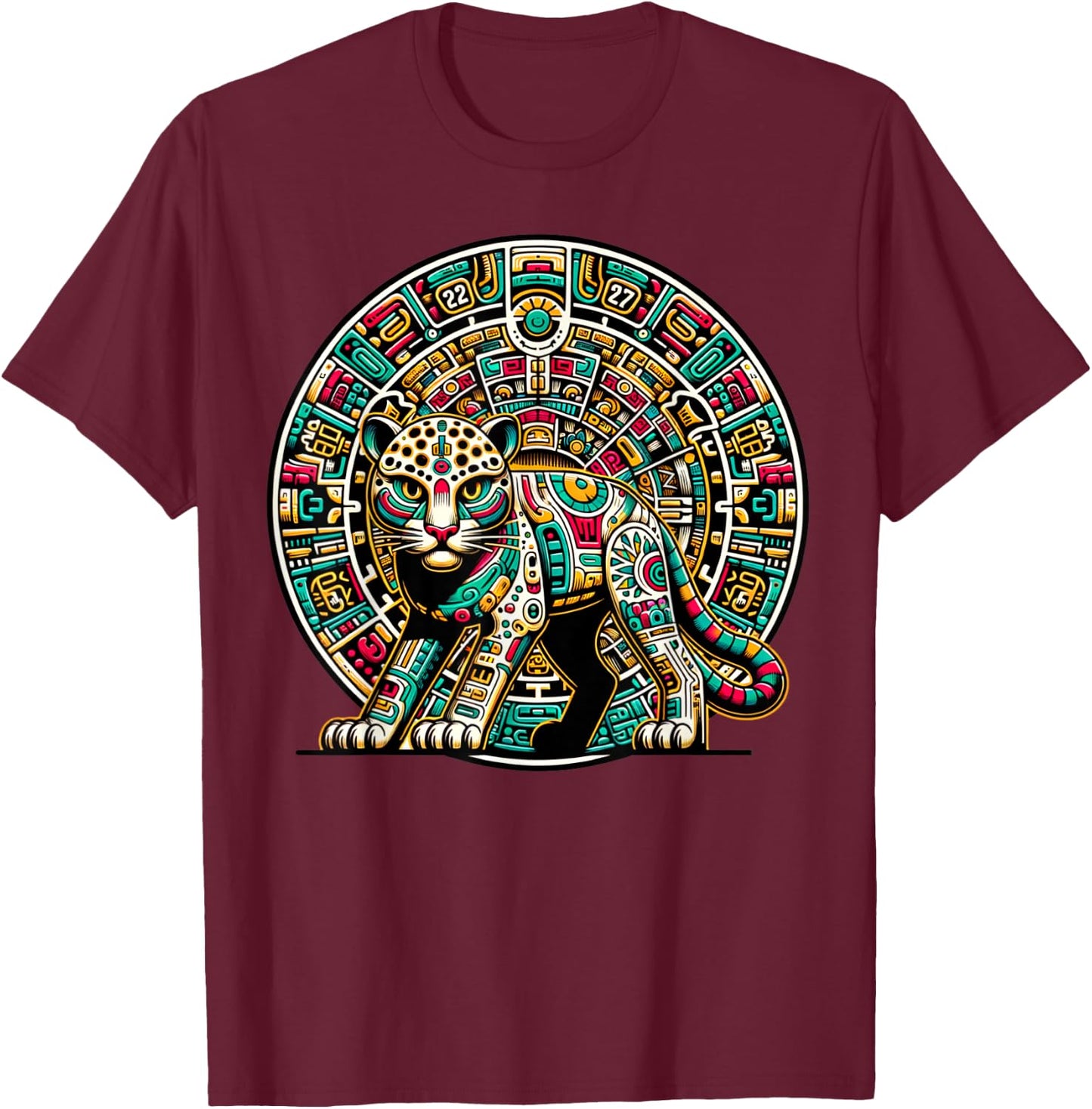 Aztec God Tezcatlipoca And Leopard With The Mayan Calendar T-Shirt - T-Shirt | Maroon