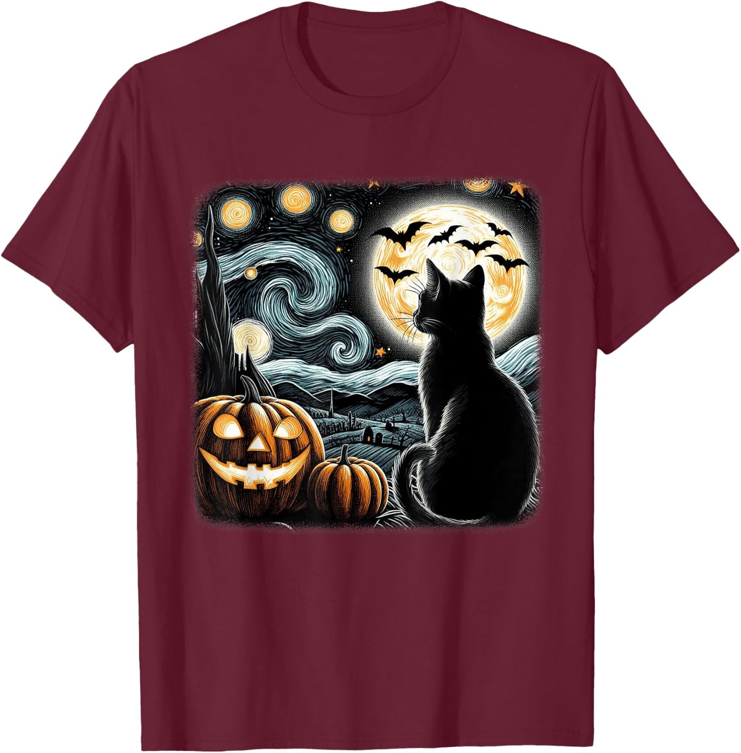 Black Cat Halloween Cat Lover Starry Night Cat Van Gogh Cat Women Kids T-Shirt - T-Shirt | Maroon
