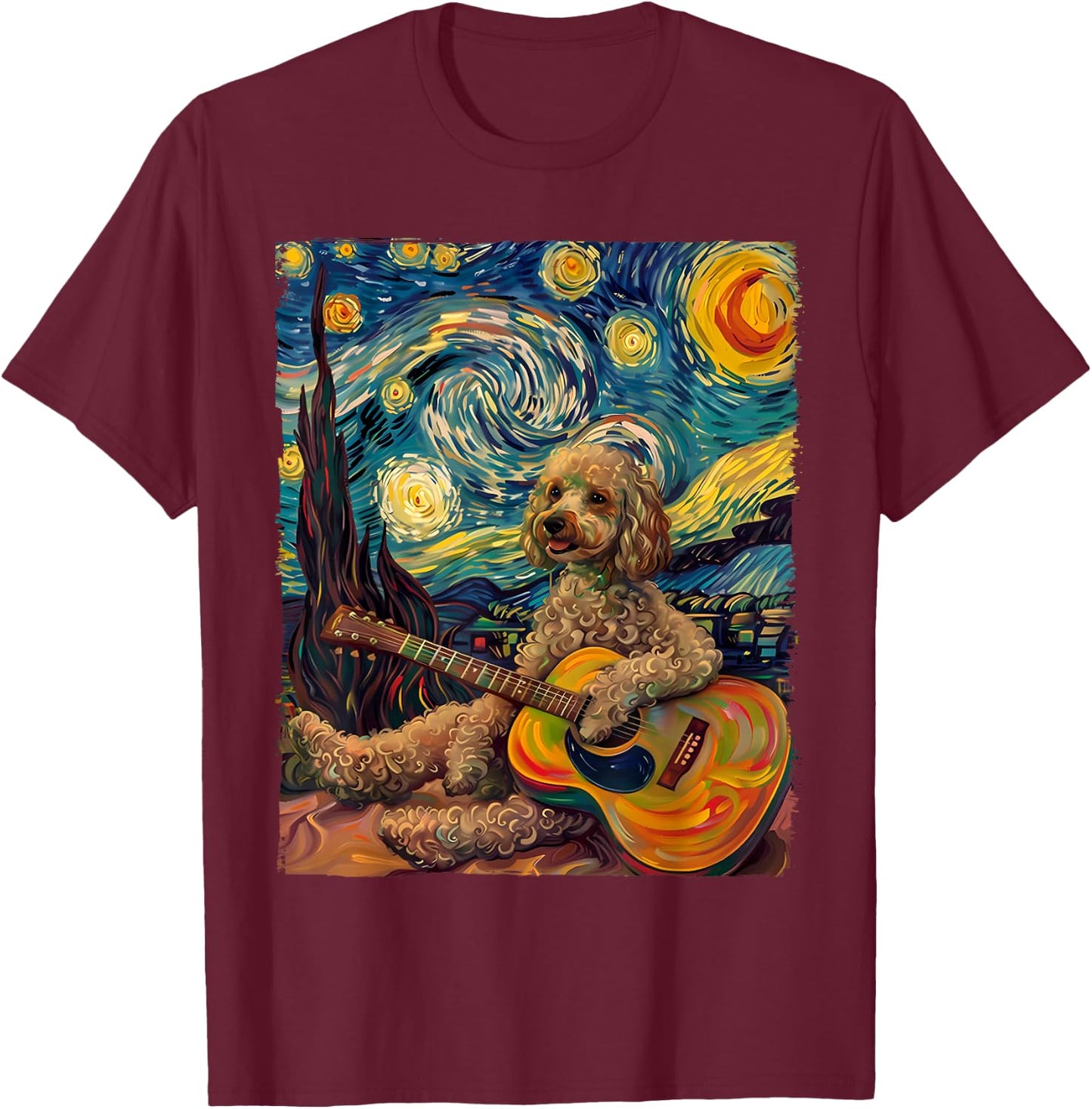Starry Night POODLE Dog Playing The Guitar, Dog Painting Fun T-Shirt - T-Shirt | Maroon