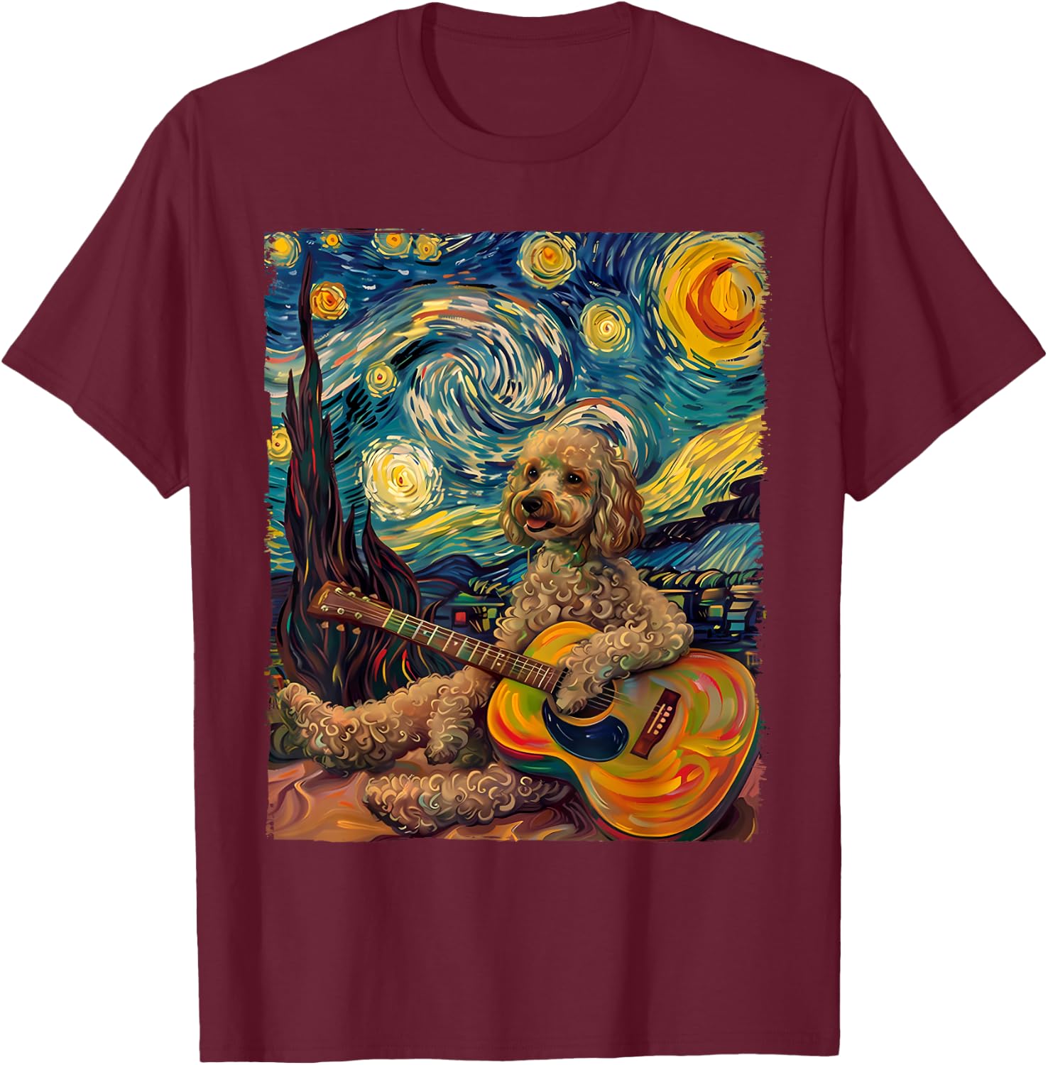 Starry Night POODLE Dog Playing The Guitar, Dog Painting Fun T-Shirt - T-Shirt | Maroon