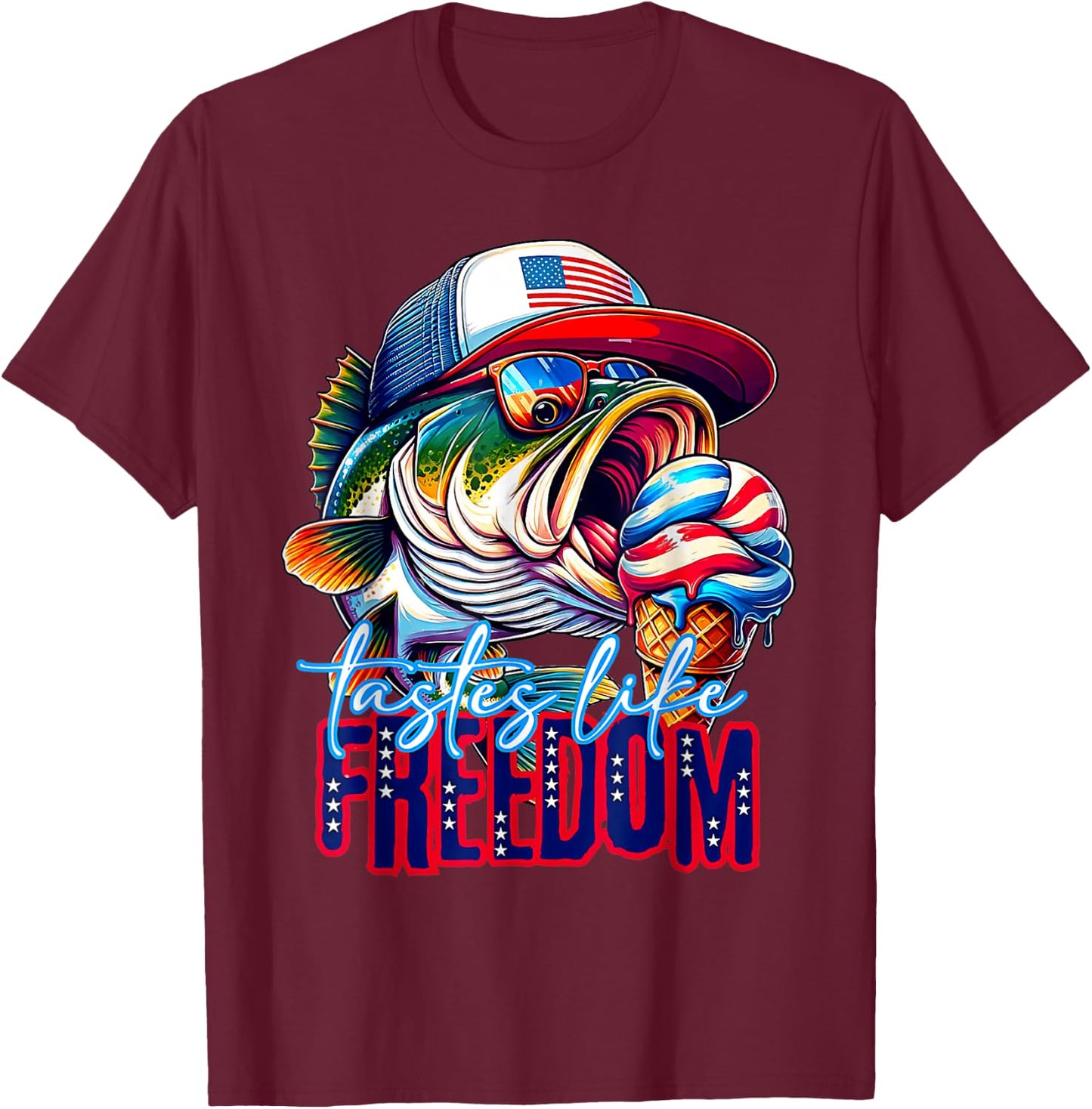 Tastes Like Freedom 4th of July Ice Cream Bass Fishing T-Shirt - T-Shirt | Maroon