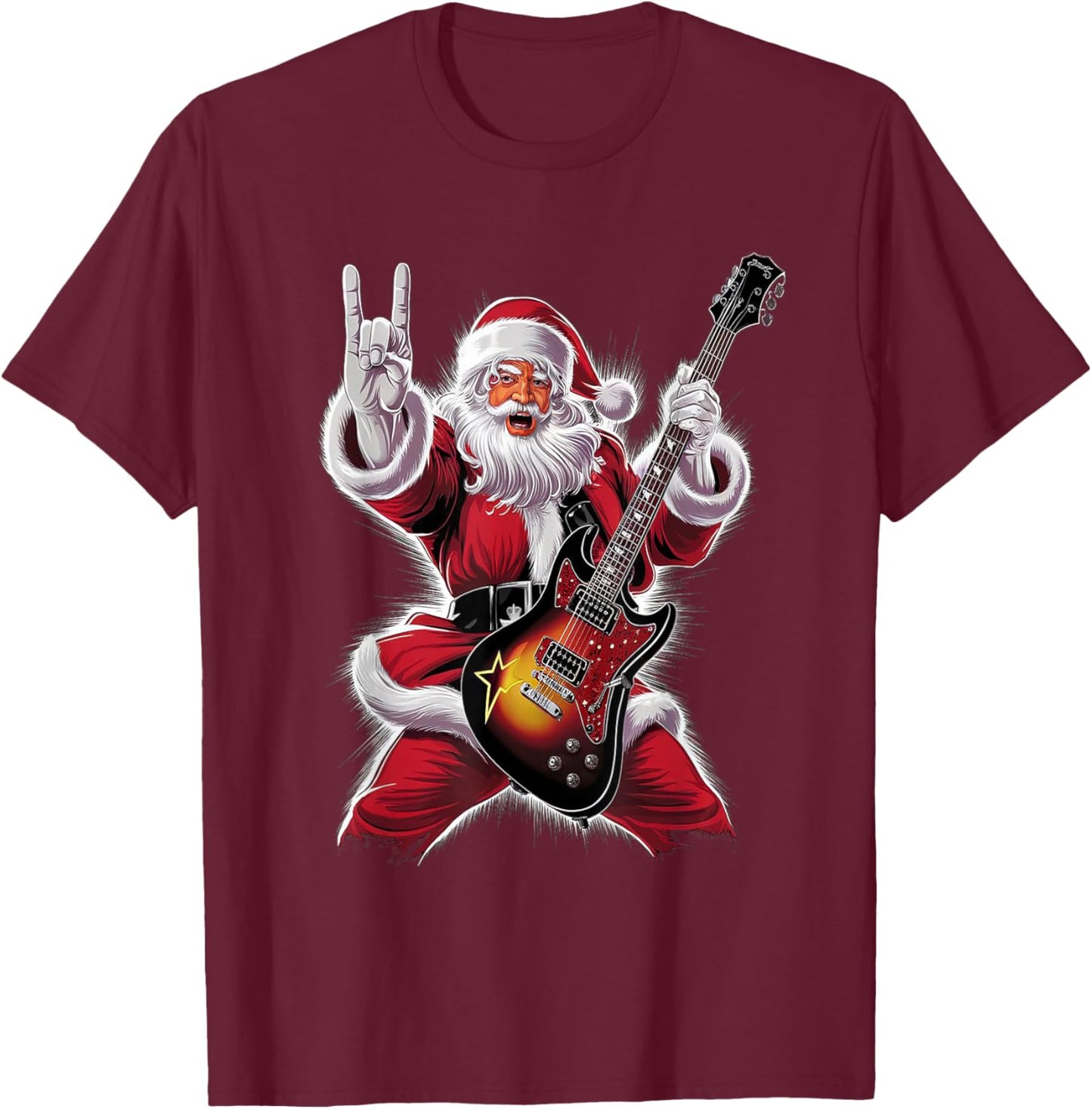 Rock & Roll Christmas Santa Claus Guitar Player T-Shirt - T-Shirt | Maroon