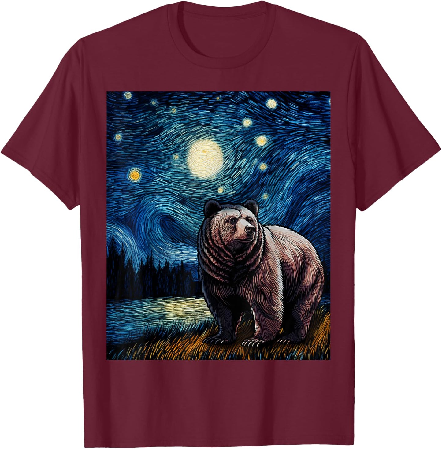 Graphic Grizzly Bear Van Gogh Starry Night Grizzlies Animal T-Shirt - T-Shirt | Maroon
