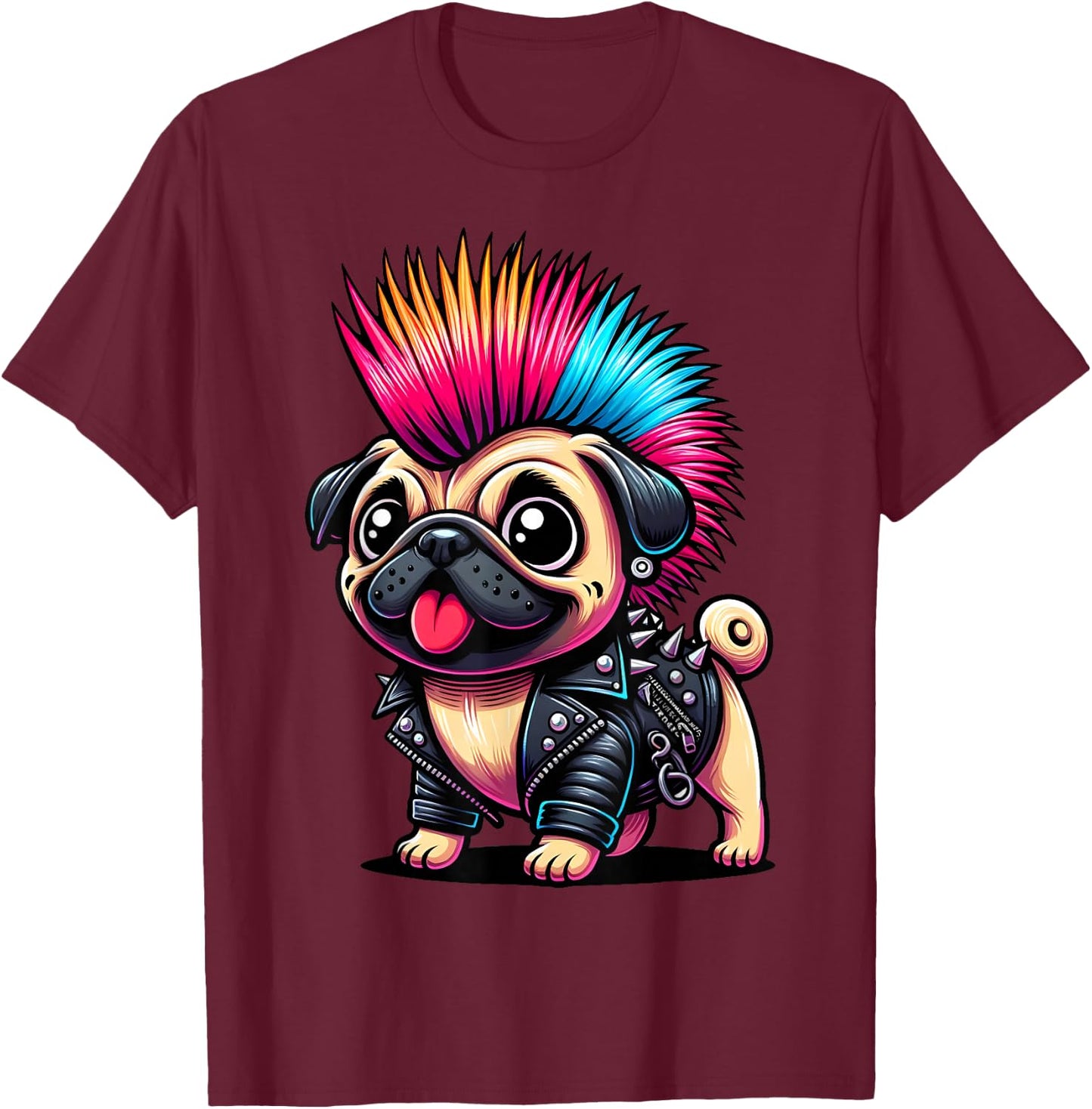 Funny Punk Pug, Rock'n Roll Goth Dog, Guitar Band Funny T-Shirt - T-Shirt | Maroon