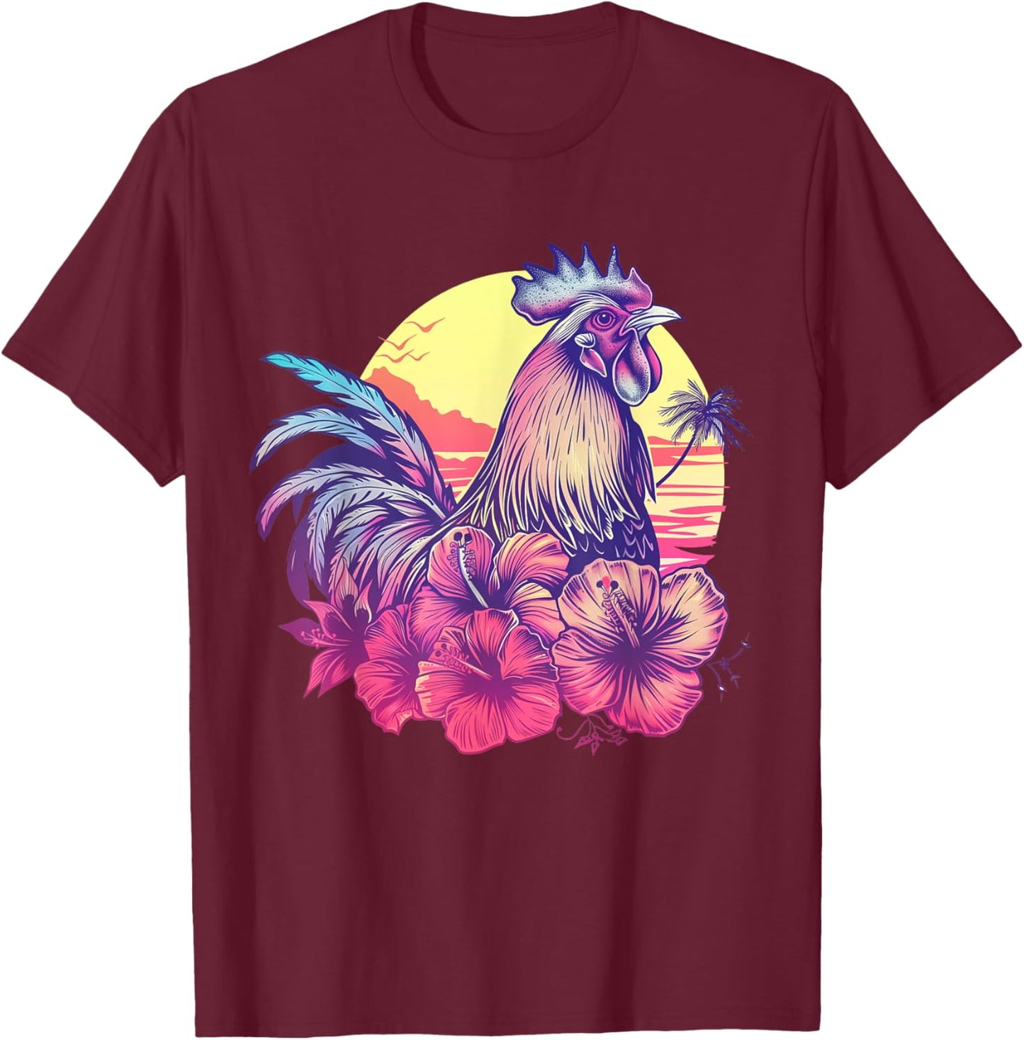 Chicken Hawaiian Flowers Rooster Kauai Hawaii Vintage T-Shirt - T-Shirt | Maroon
