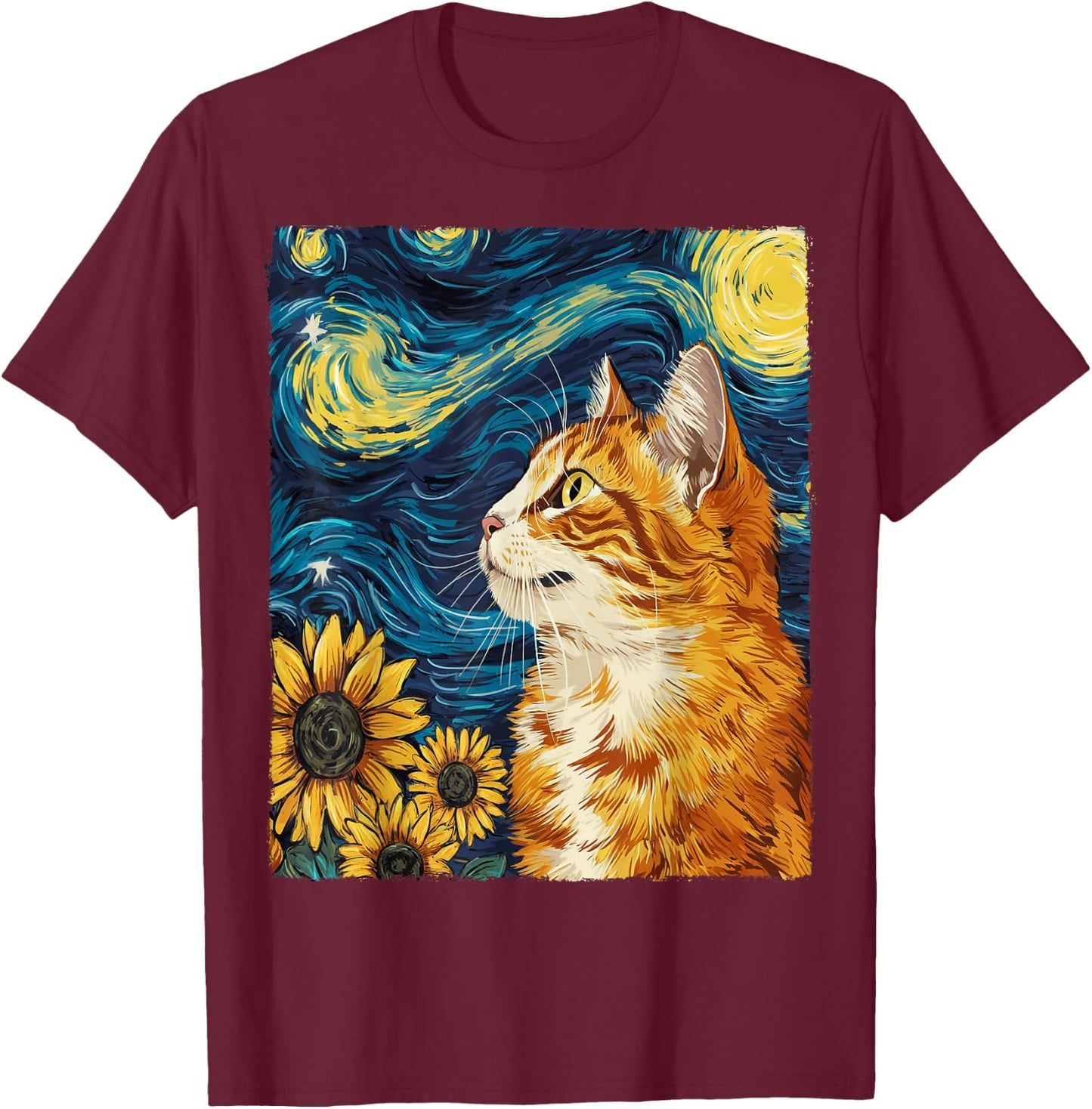 Cat Starry Night Apparel Gifts Graphic Cat Mom Cat Dad -Adults -Kids Black Small Round Collar Sunflower Graphic Modern T-Shirt - T-Shirt | Maroon