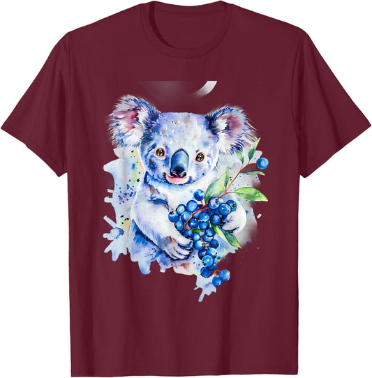 Blueberry Koala Bear Watercolor Drawing Cute Koala Wildlife T-Shirt - T-Shirt | Maroon
