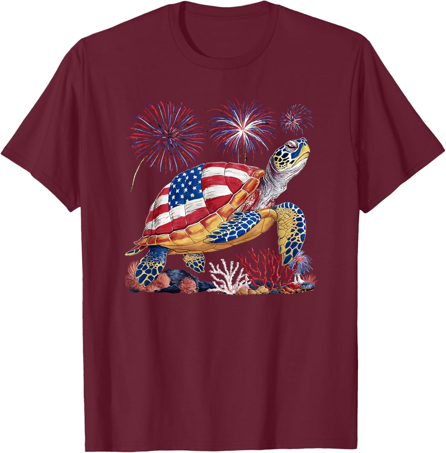 Sea Turtle 4th of July American USA Flag Patriotic T-Shirt - T-Shirt | Maroon