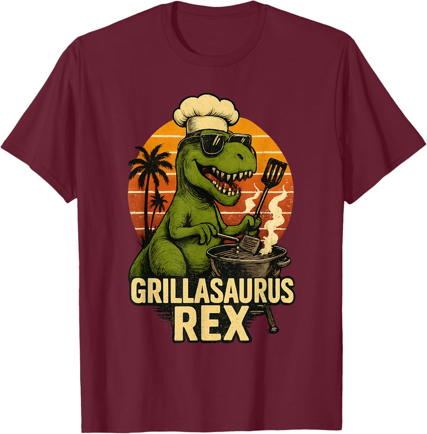 Funny Grilling Dinosaur Grillasaurus T-Rex BBQ Dad Joke T-Shirt - T-Shirt | Maroon