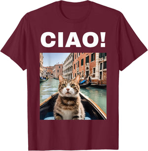 Ciao Funny Gondolier Cat On A Venetian Gondola, Venice Italy T-Shirt - T-Shirt | Maroon