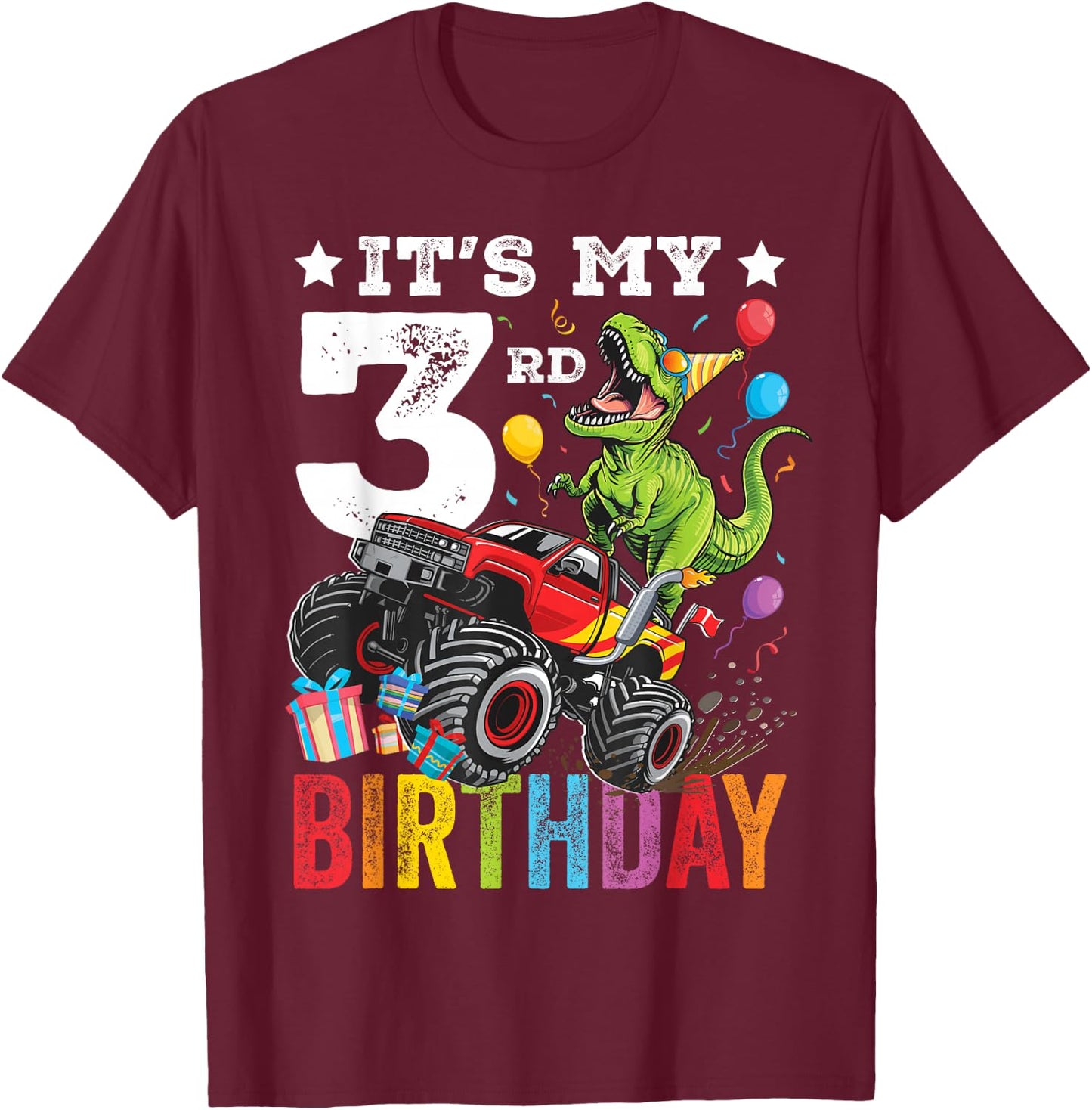 Three 3rd Birthday Dinosaur Monster Truck T-Shirt - T-Shirt | Maroon