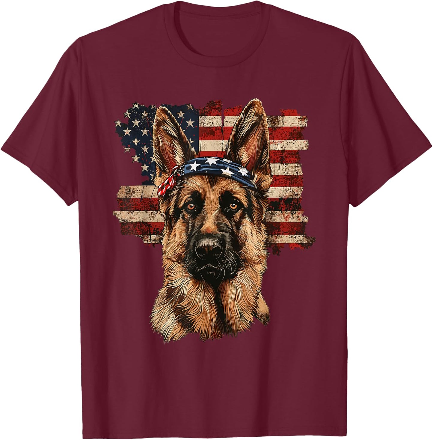 German Shepherd Patriotic 4th Of July USA American Flag T-Shirt - T-Shirt | Maroon