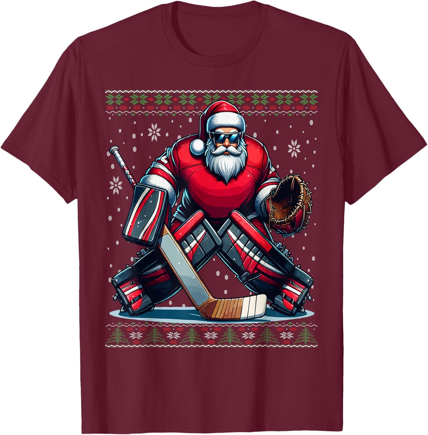 Christmas Santa Hockey Goalie Ugly Christmas Sweater T-Shirt - T-Shirt | Maroon