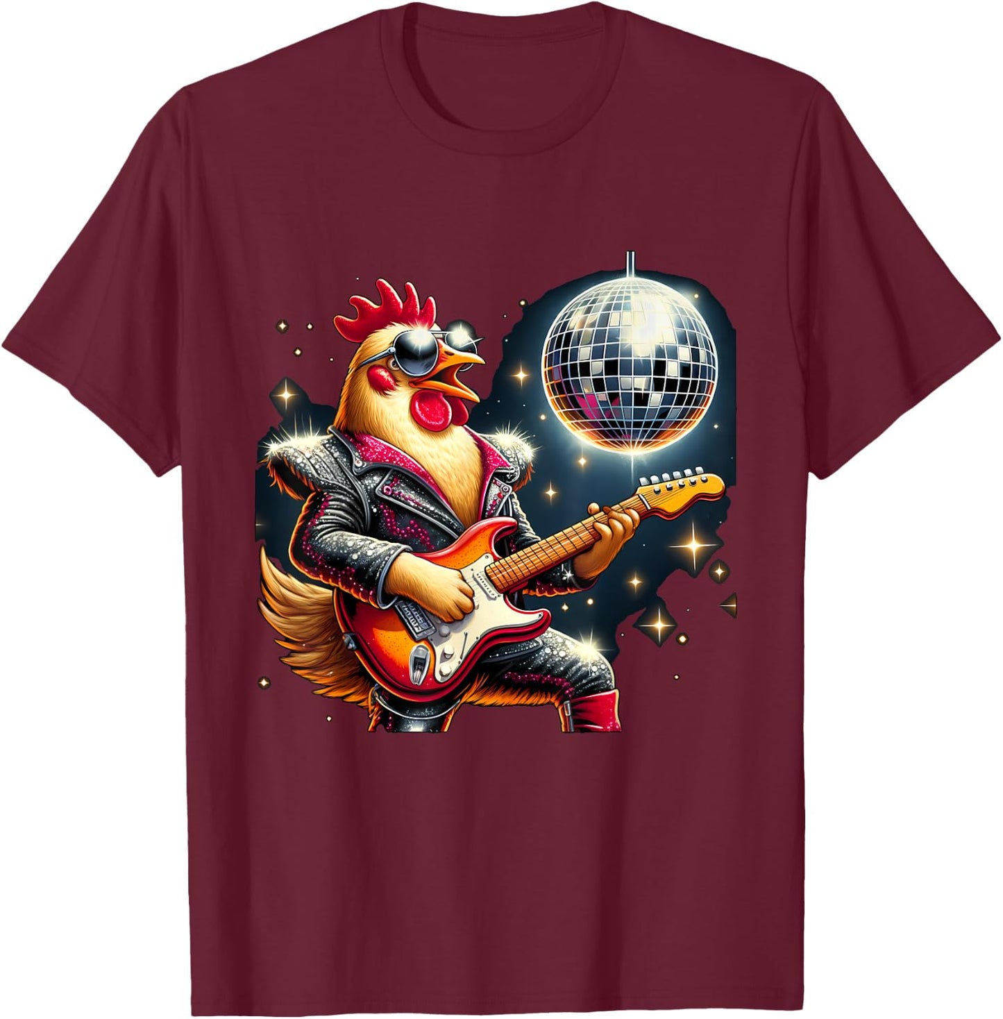 Disco Ball Guitar Chicken T-Shirt - T-Shirt | Maroon
