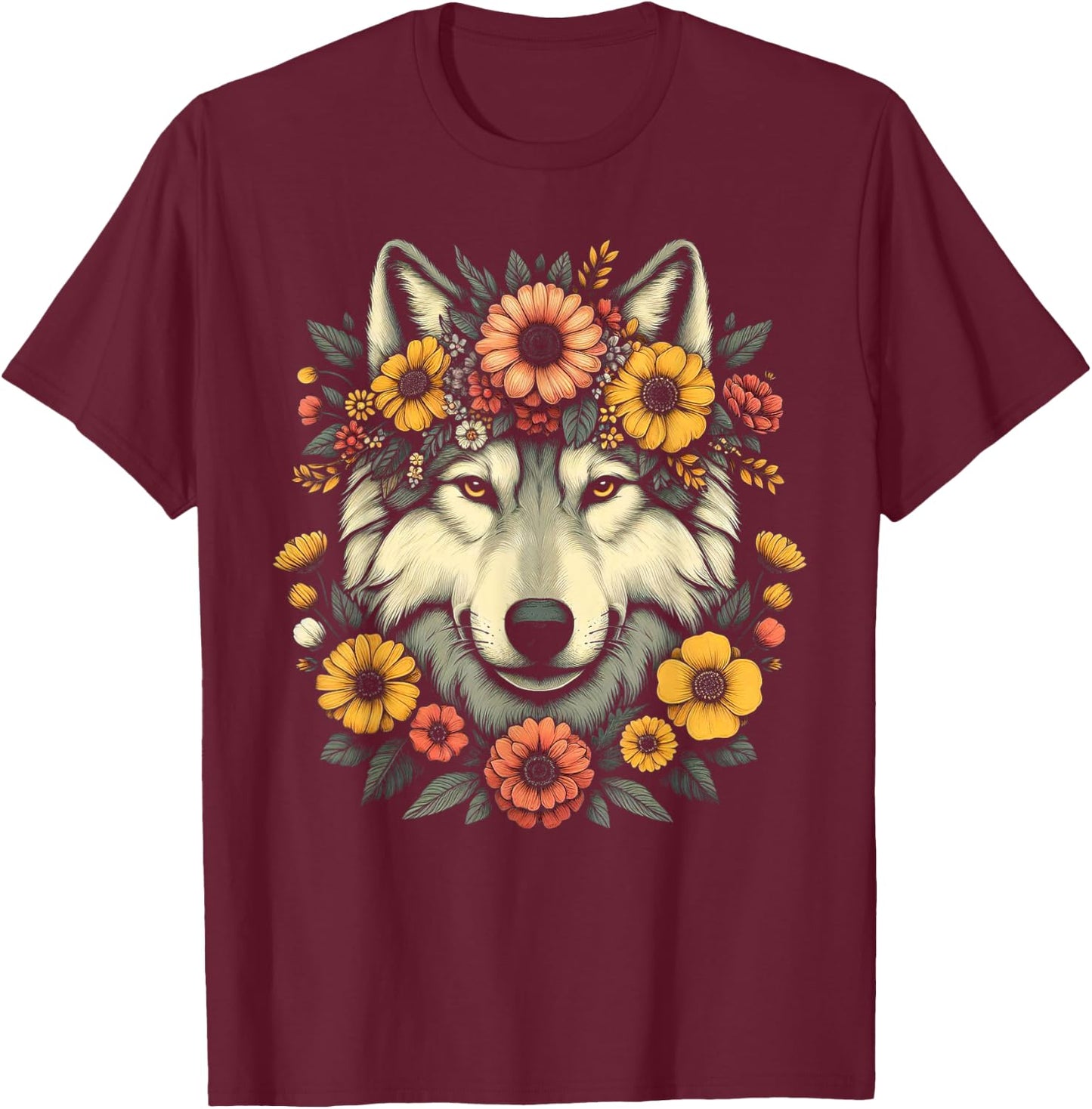 Wolf Flower Crown Floral T-Shirt - T-Shirt | Maroon