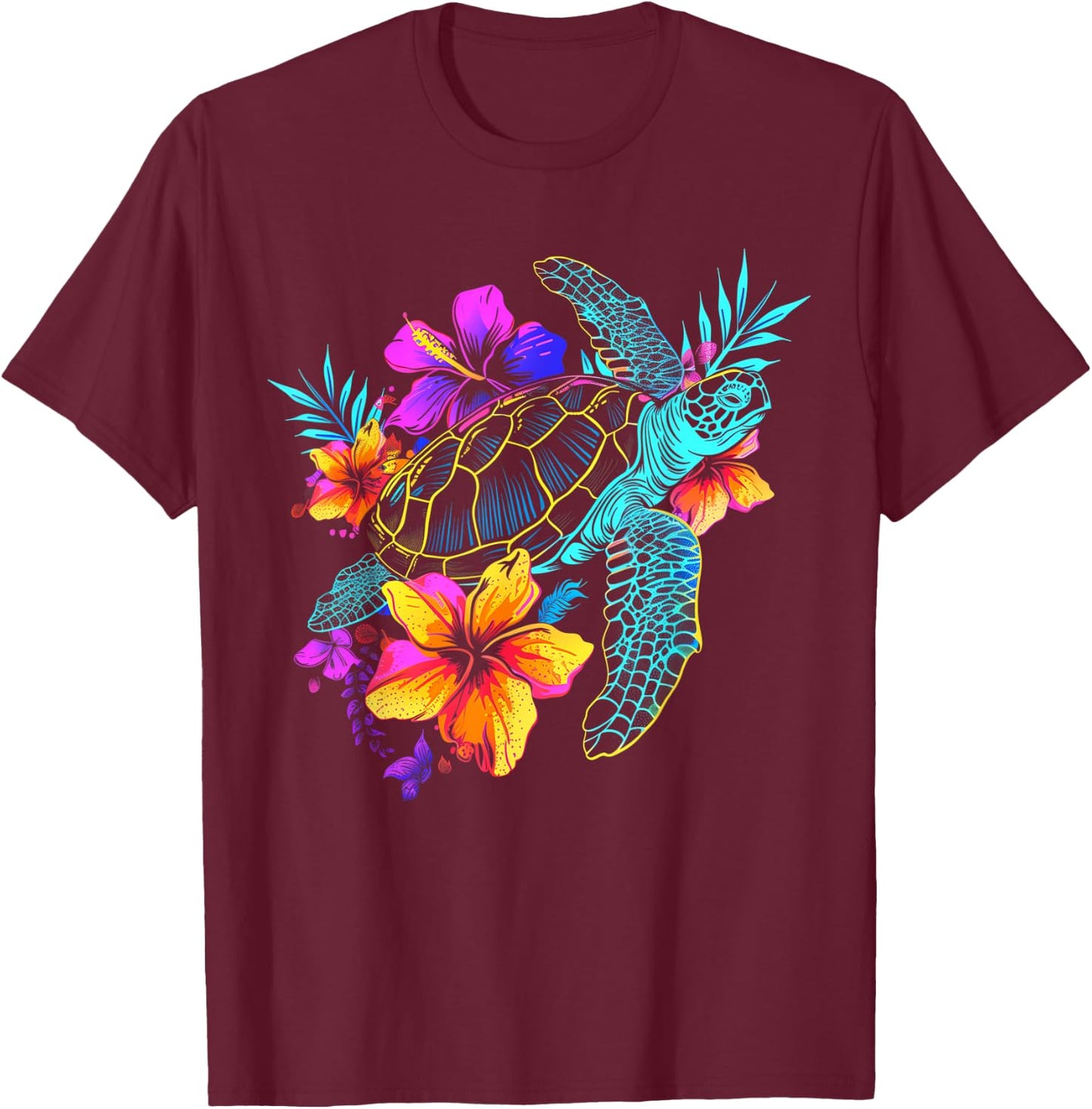 Sea Turtle Hawaiian Flowers Hawaii Diver T-Shirt - T-Shirt | Maroon