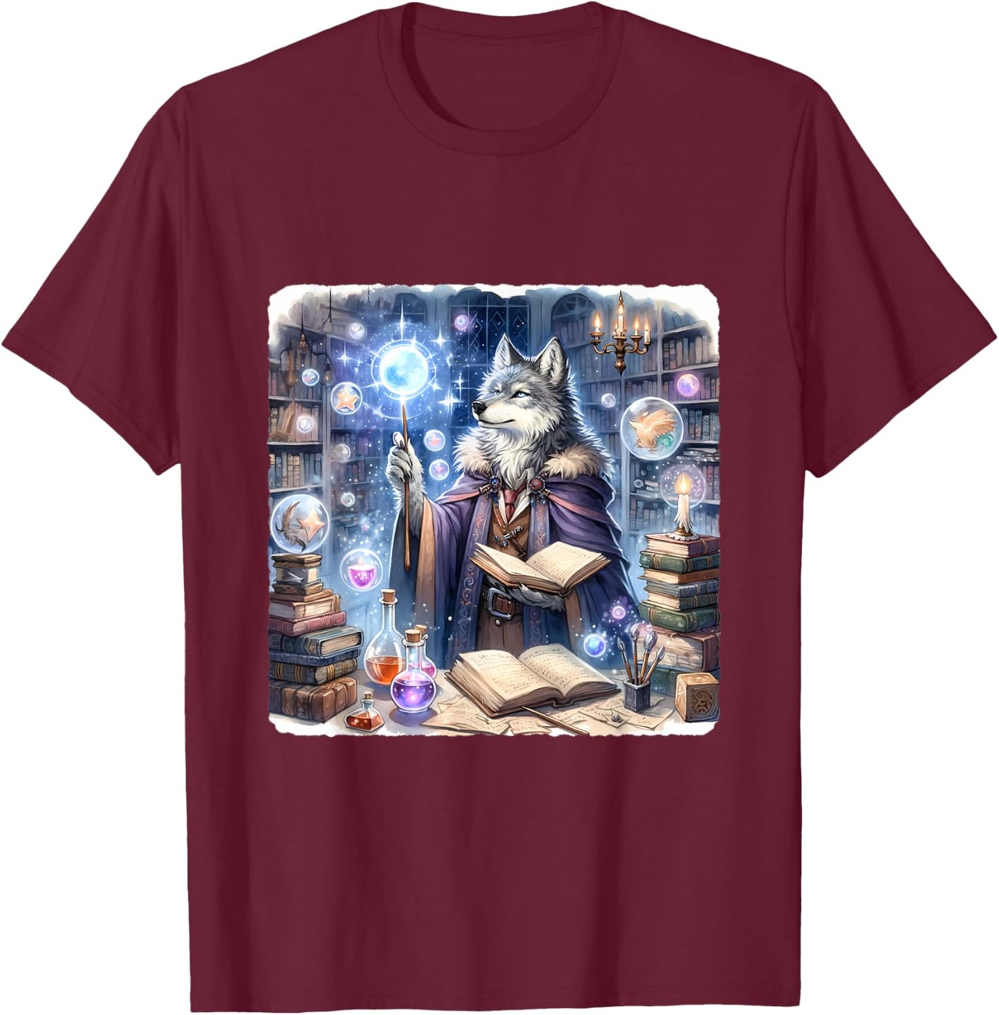 Wolf Wizard Casting Spells With Luminous Wand. Books Potions T-Shirt - T-Shirt | Maroon
