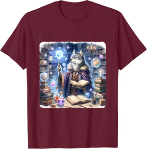Wolf Wizard Casting Spells With Luminous Wand. Books Potions T-Shirt - T-Shirt | Maroon