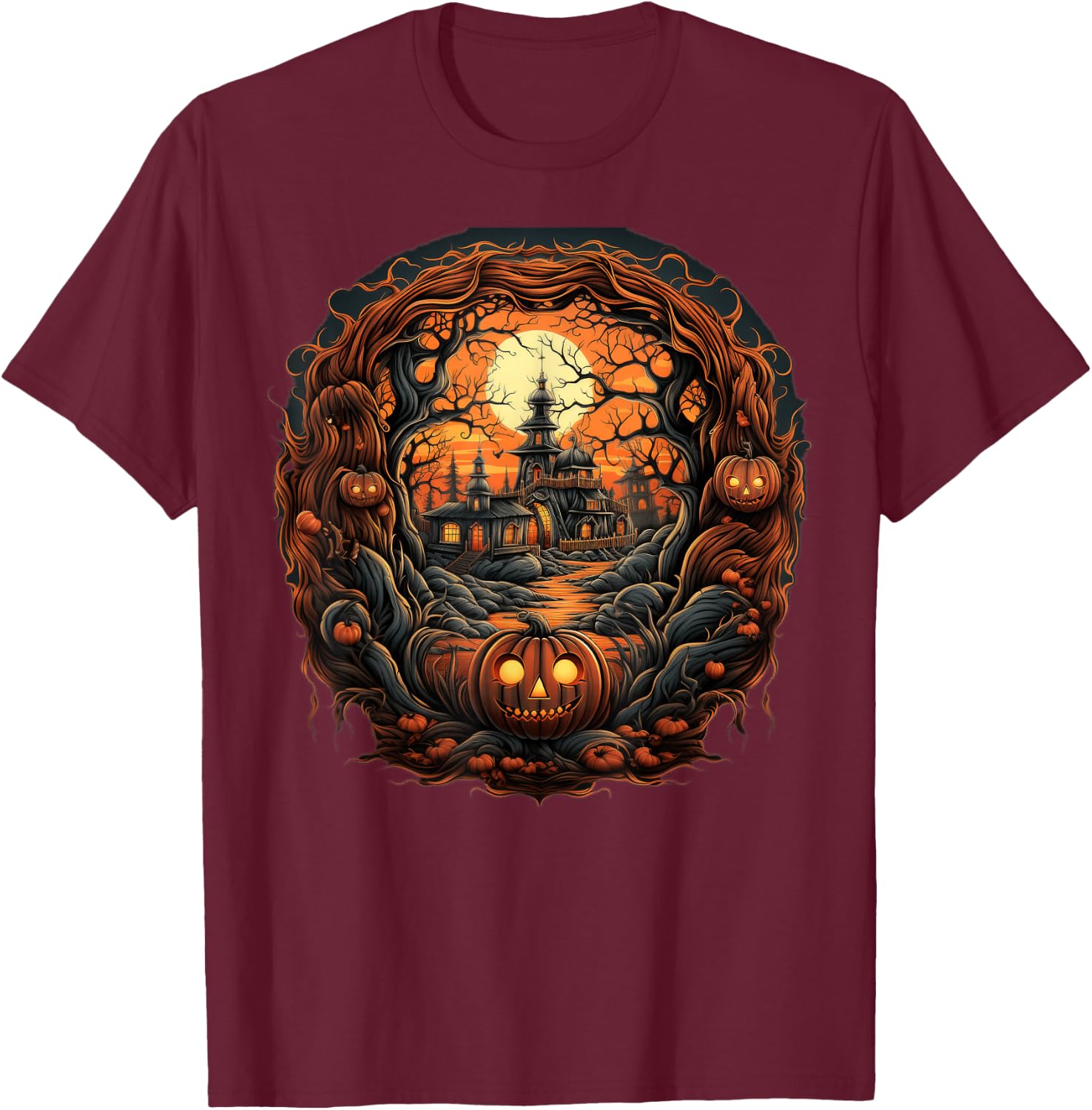 Spooky Haunted Scene Women Youth T-Shirt - T-Shirt | Maroon