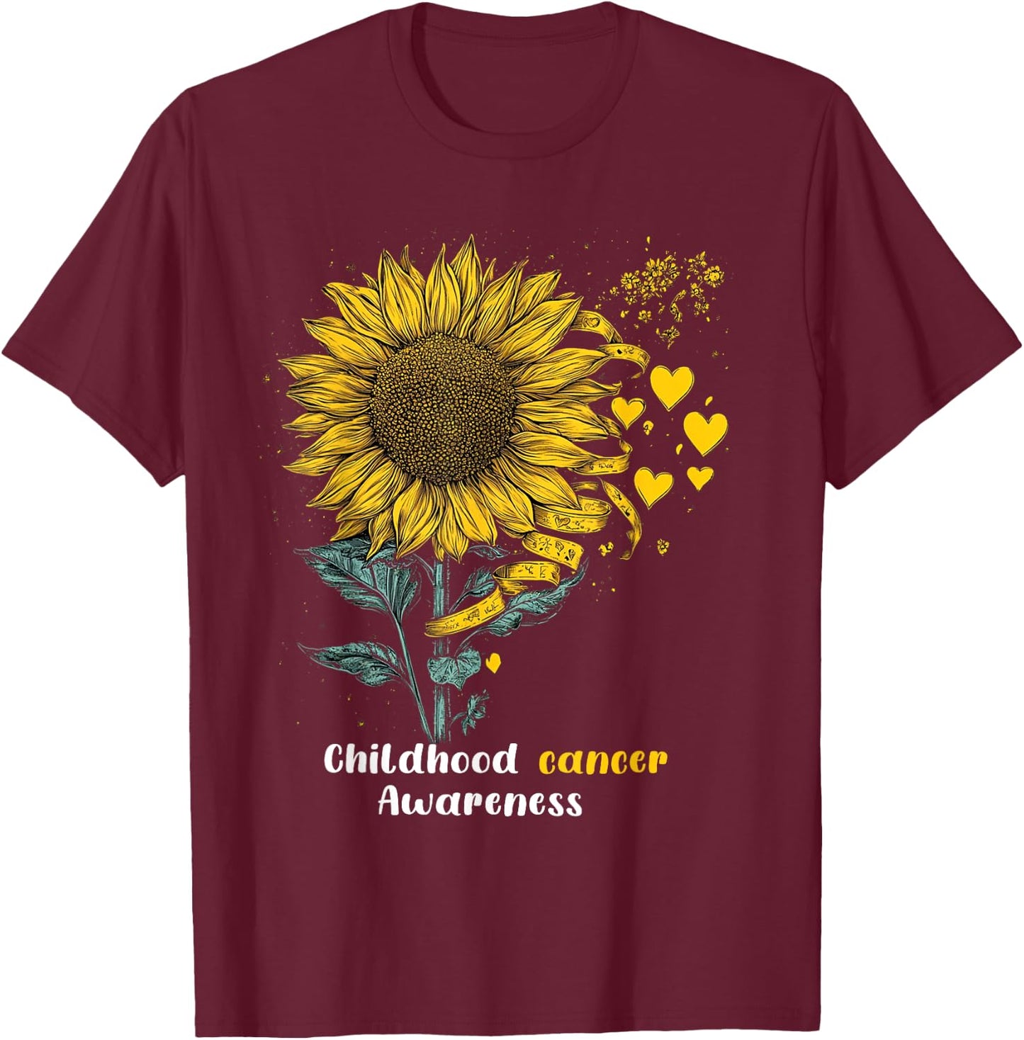 Childhood Cancer Awareness Yellow Sunflower Ribbon gifts T-Shirt - T-Shirt | Maroon