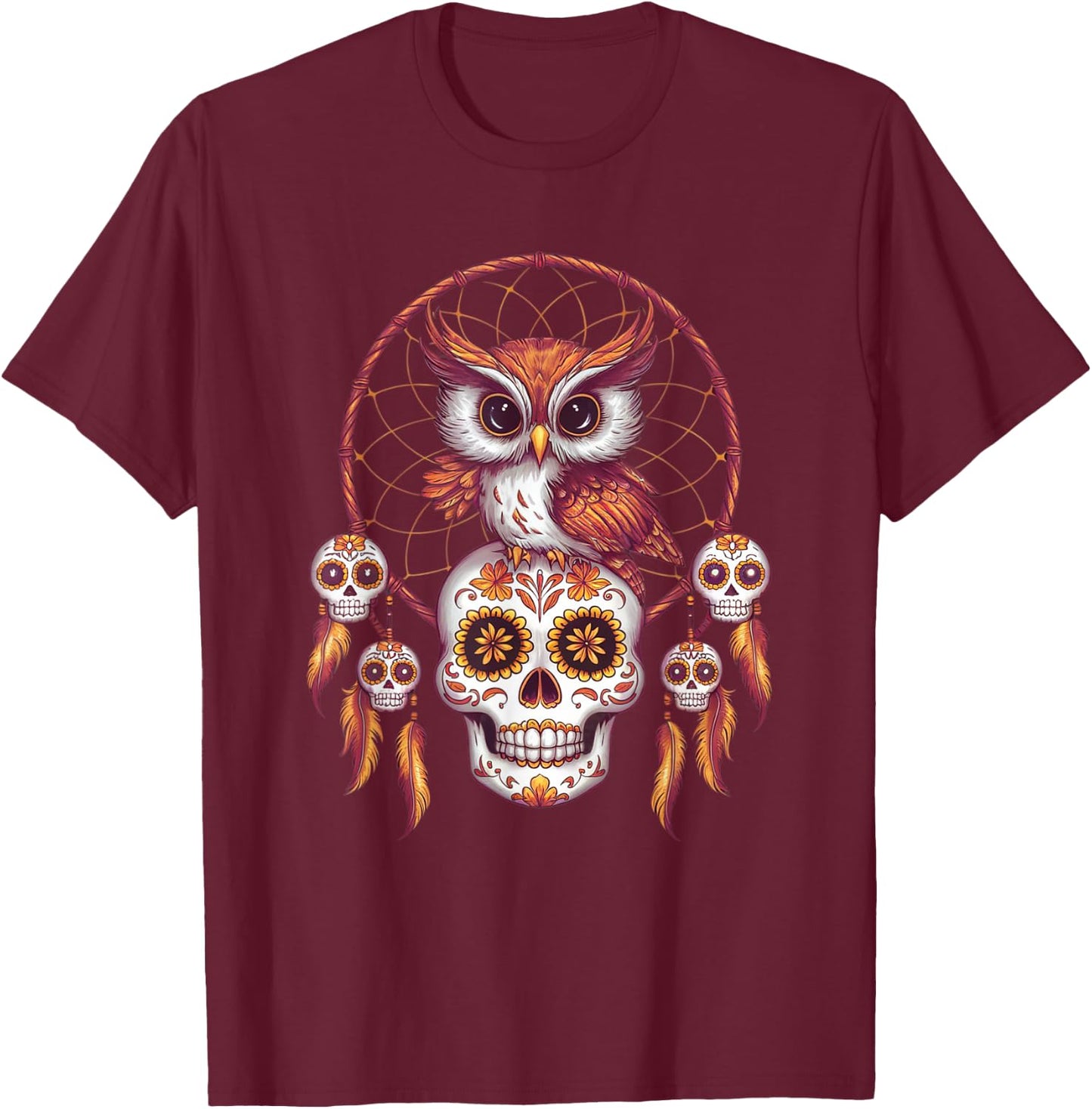 Sugar Skull Owl Day of Dead Halloween Dia De Muertos T-Shirt - T-Shirt | Maroon