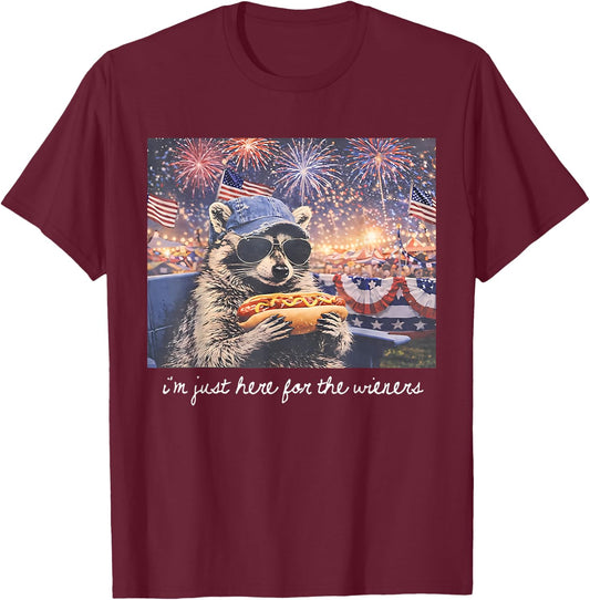 Funny Raccoon Just Here for The Wieners Hot Dog Firework T-Shirt - T-Shirt | Maroon