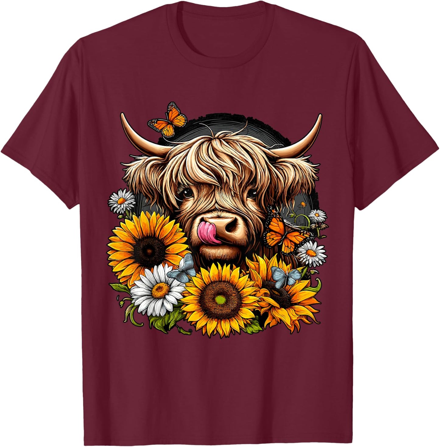 Highland Cow with Sunflowers and Butterflies T-Shirt - T-Shirt | Maroon