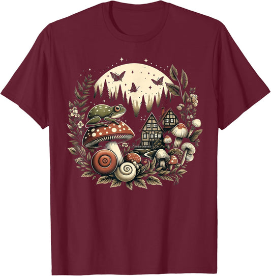 Aesthetic Goblincore and dark Cottagecore Mushroom T-Shirt - T-Shirt | Maroon