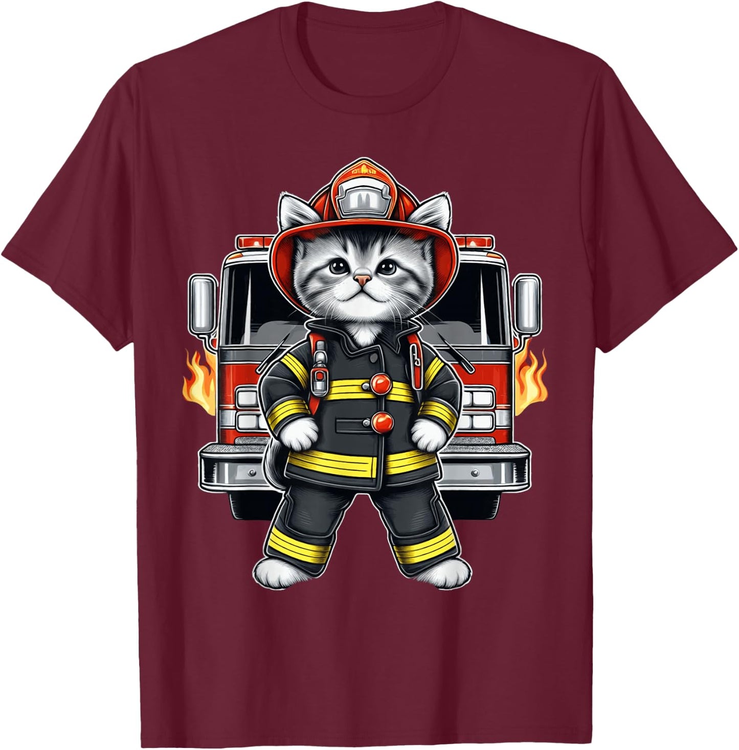 Brave Kitten Firefighter Cute Heroic Cat Adorable Firetruck T-Shirt - T-Shirt | Maroon