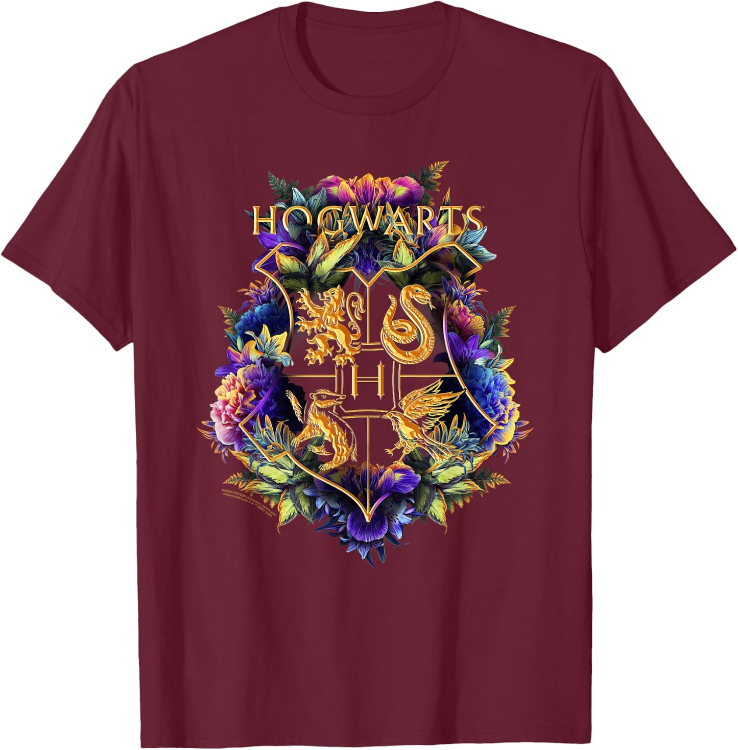 Harry Potter Hogwarts Multi-Colored Floral Crest T-Shirt - T-Shirt | Maroon