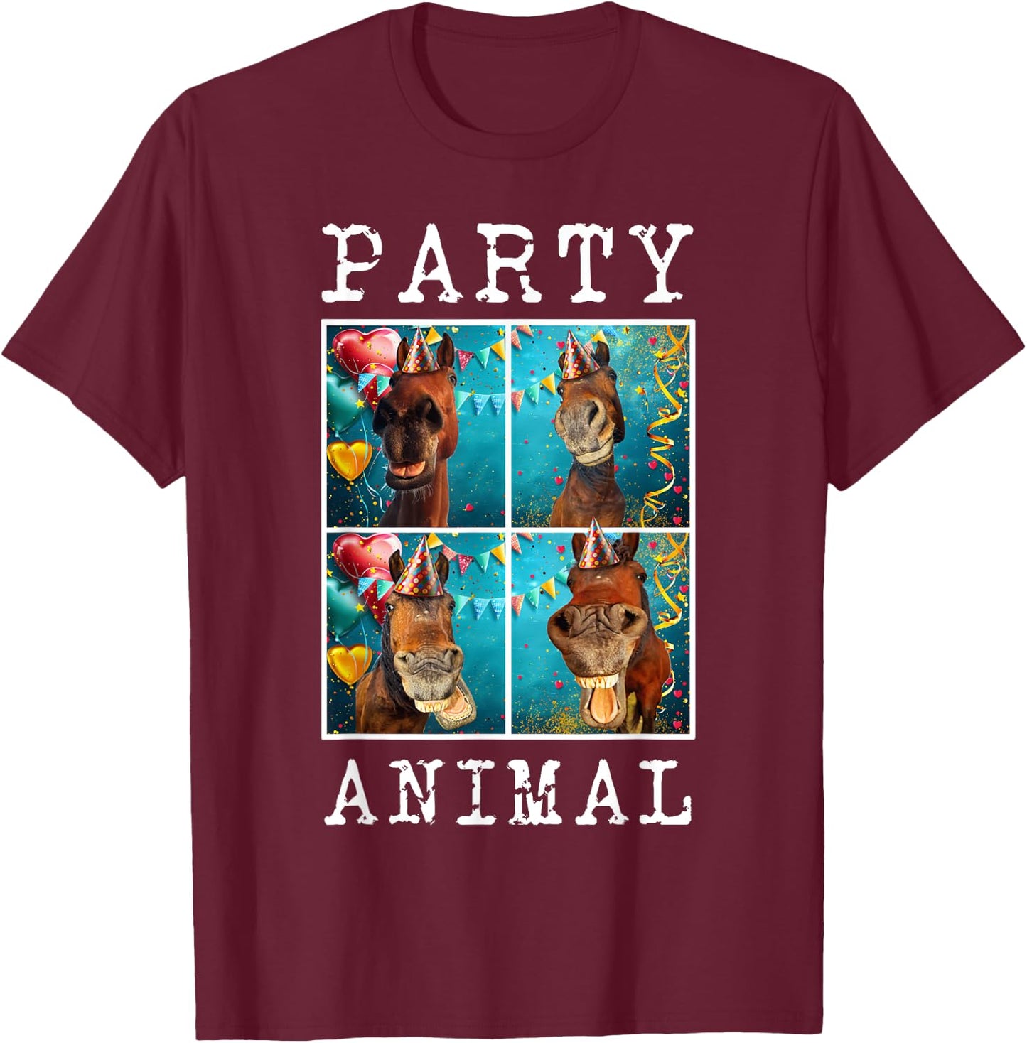 Horses Face Colorful Farm Animal Party Hat Horse Farming T-Shirt - T-Shirt | Maroon