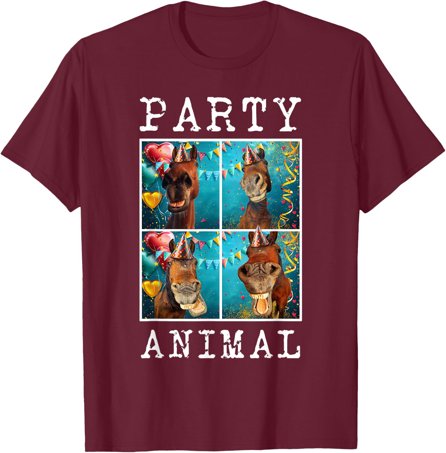 Horses Face Colorful Farm Animal Party Hat Horse Farming T-Shirt - T-Shirt | Maroon
