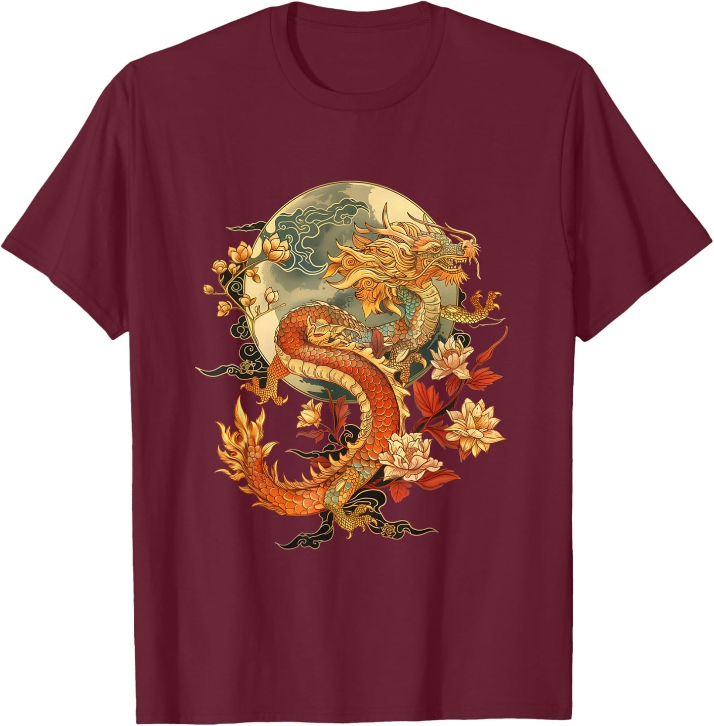 Crimson Lunar Floral Dragon Art Noveau T-Shirt - T-Shirt | Maroon