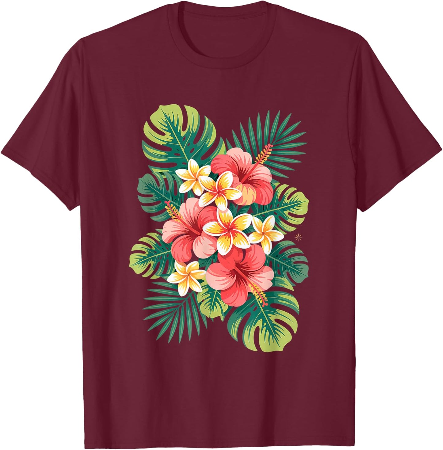 Tropical Flower Cluster Hibiscus and Plumeria Summer Design T-Shirt - T-Shirt | Maroon