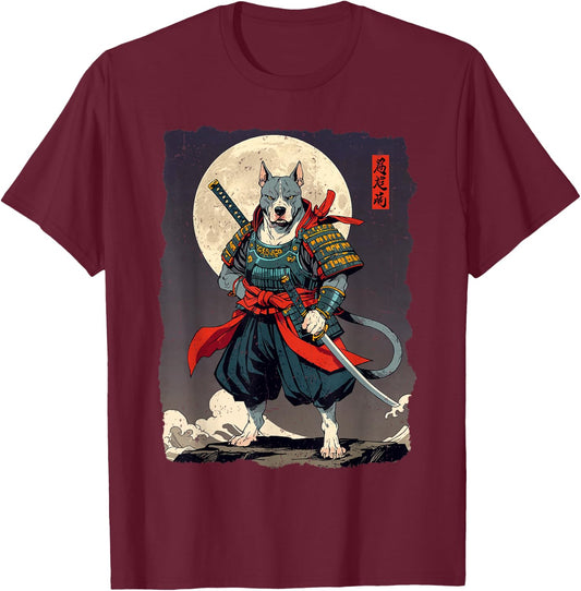 Pitbull Dog Samurai Japanese Retro Ukiyo-e Warrior T-Shirt - T-Shirt | Maroon