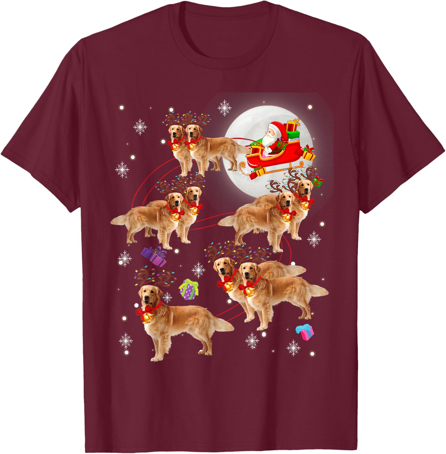 Christmas Santa Claus Riding Golden Retriever Xmas Pajamas T-Shirt - T-Shirt | Maroon