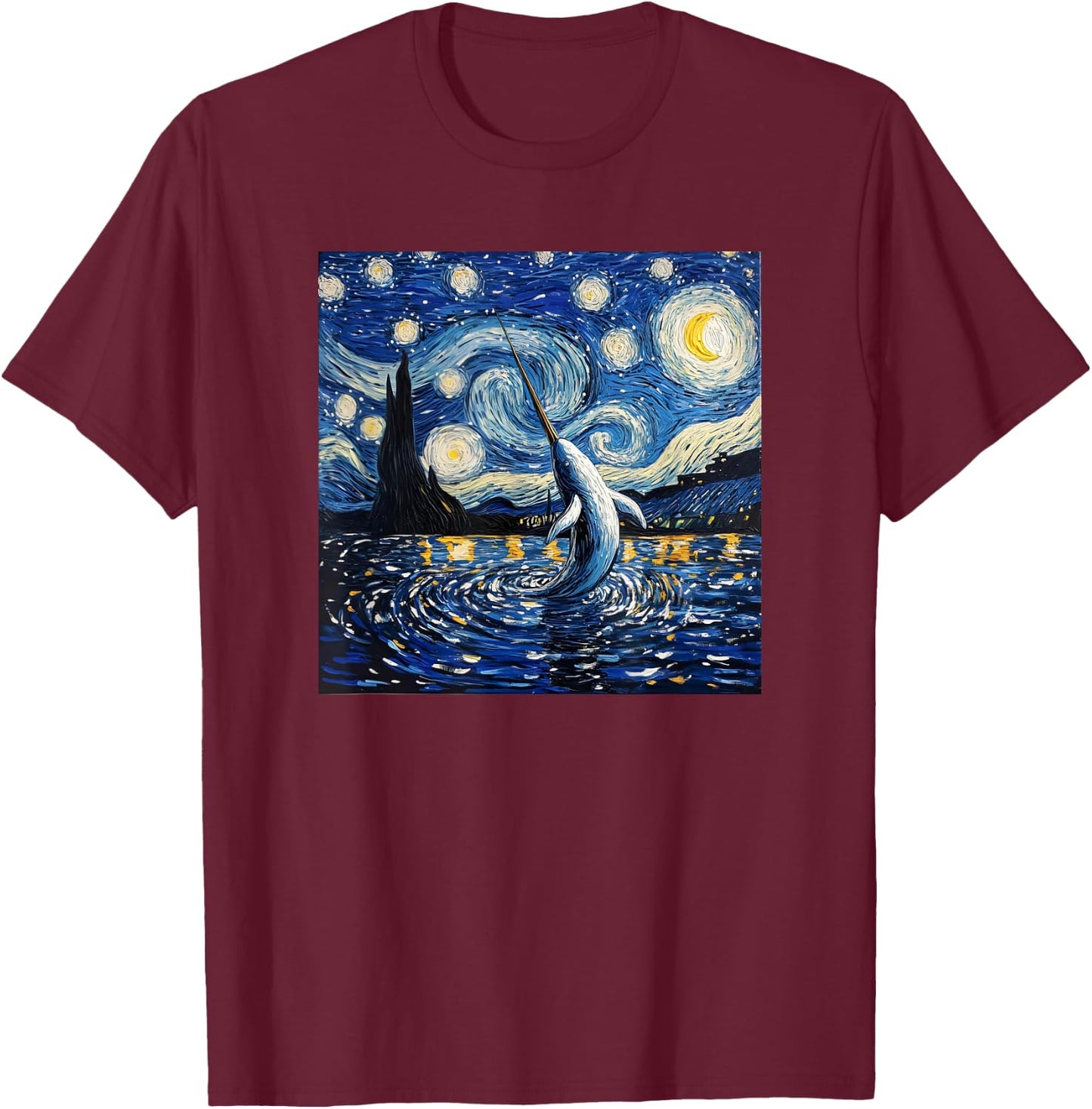 Cute Van Gogh Narwhal Starry Night Funny Women & Men T-Shirt - T-Shirt | Maroon
