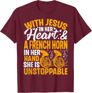 Women French Horn Player Christian Faith Marching Band Gifts T-Shirt - T-Shirt | Maroon