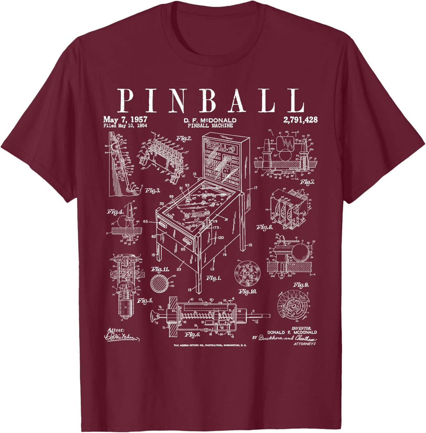 Pinball Arcade Gaming Machine Vintage Gamer Patent Print T-Shirt - T-Shirt | Maroon