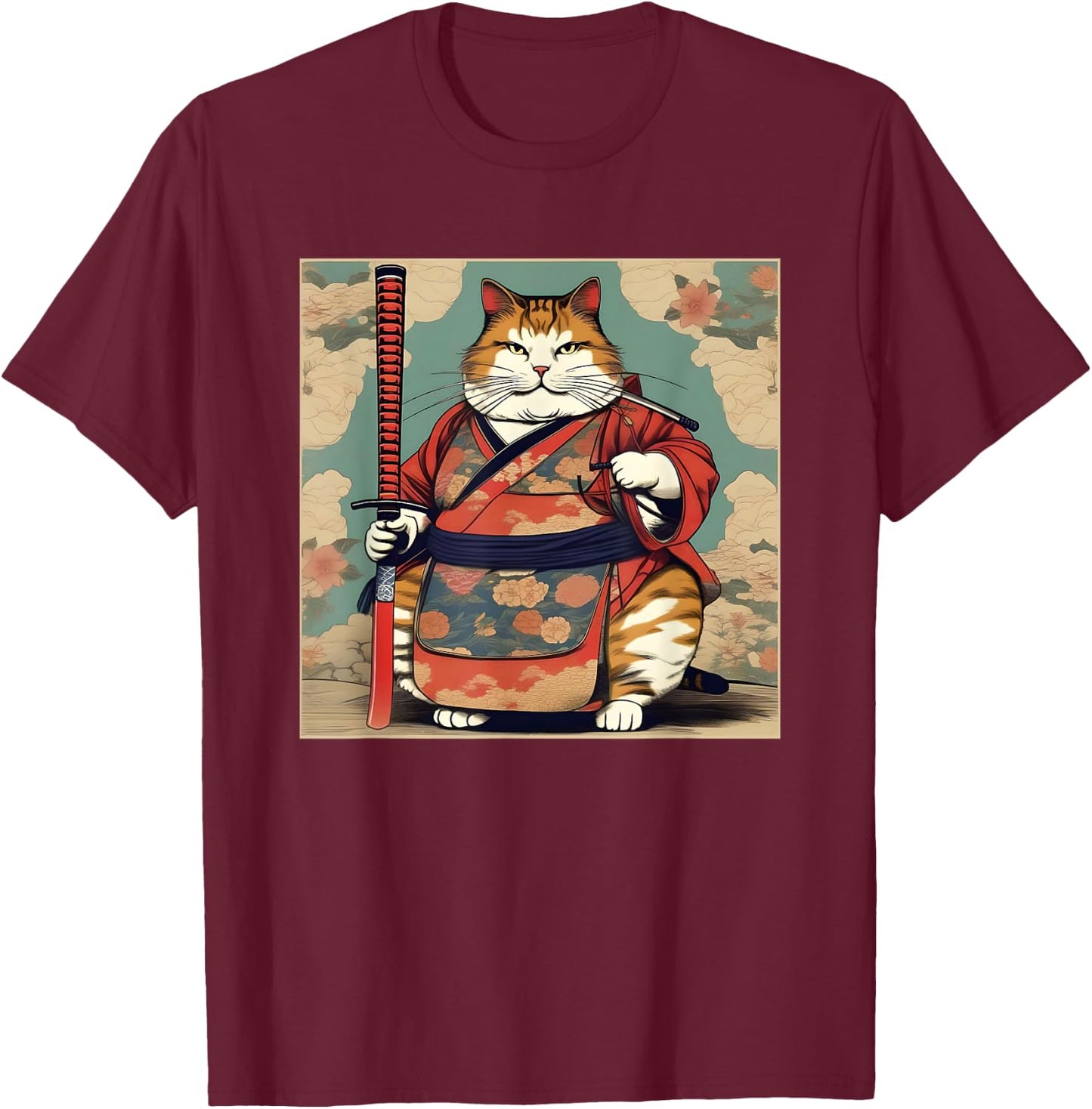 Funny Fat Cat Samurai katana Fat Kitten Cat Lover T-Shirt - T-Shirt | Maroon