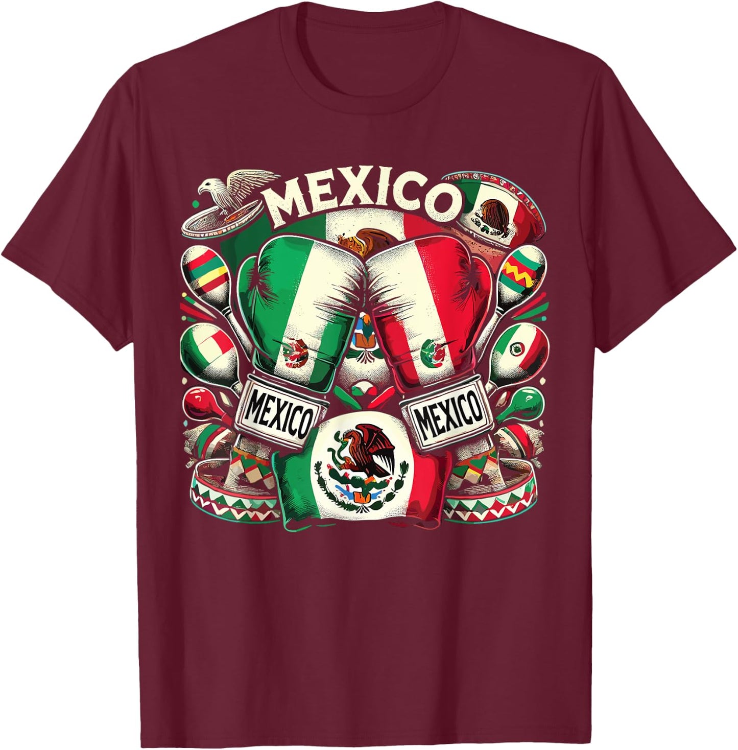 Mexican Boxing Pride Gloves Sports Design T-Shirt - T-Shirt | Maroon