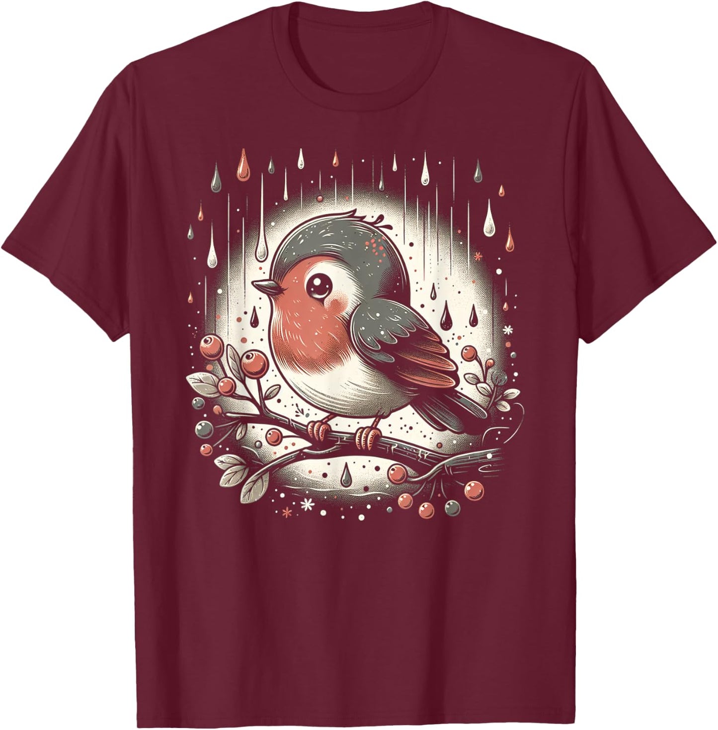 Whimsical Robin in Rain T-Shirt - T-Shirt | Maroon