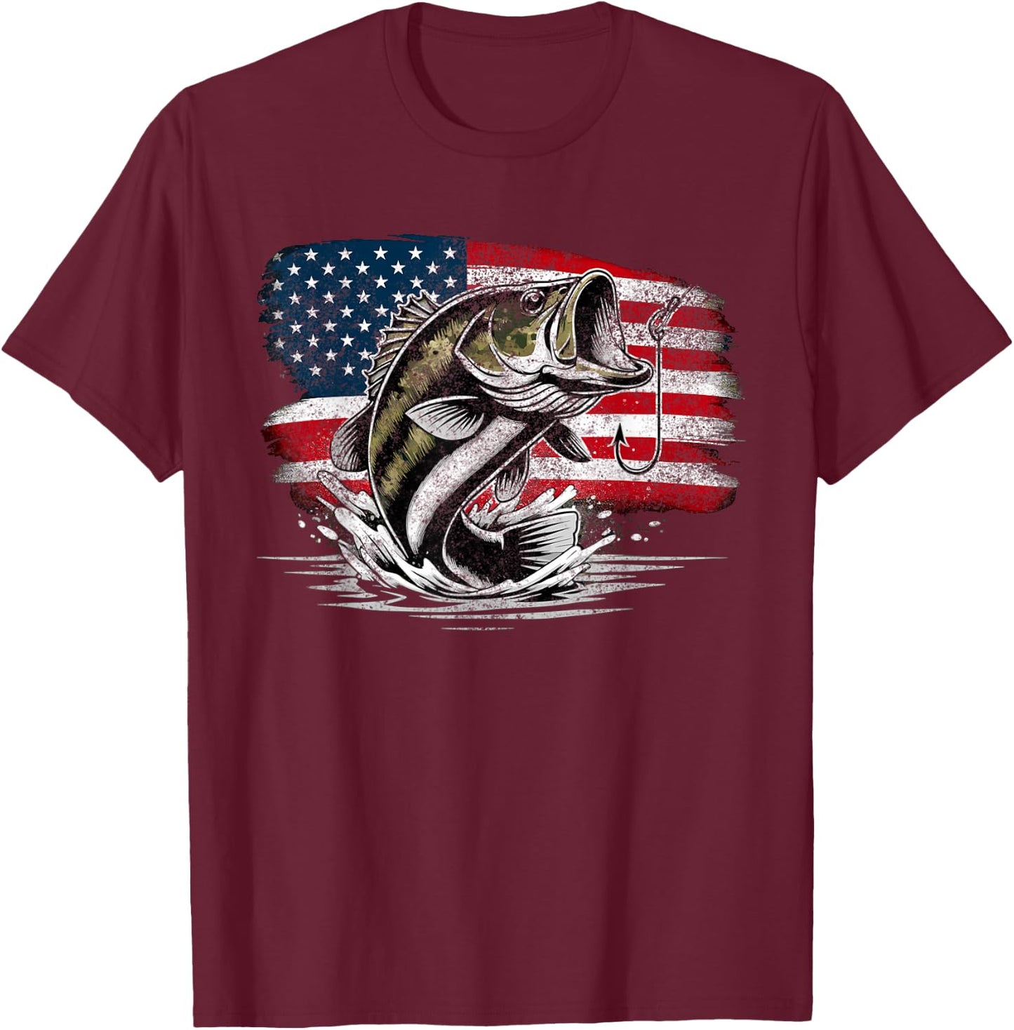 Fishing Retro US American Flag Bass Fish Fisherman Camo T-Shirt - T-Shirt | Maroon